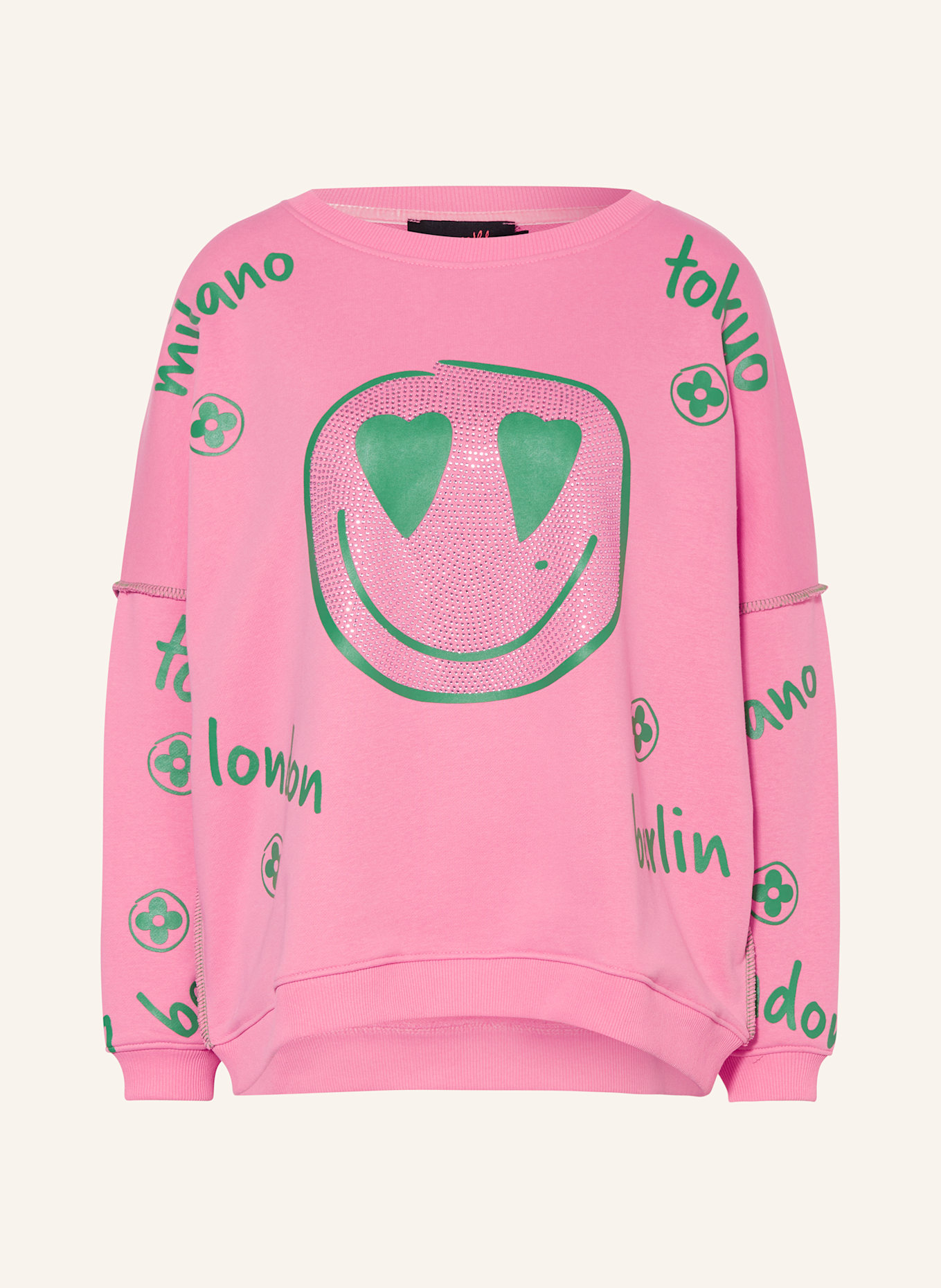 miss goodlife Sweatshirt mit Schmucksteinen: ROSA / DUNKELGRÜN