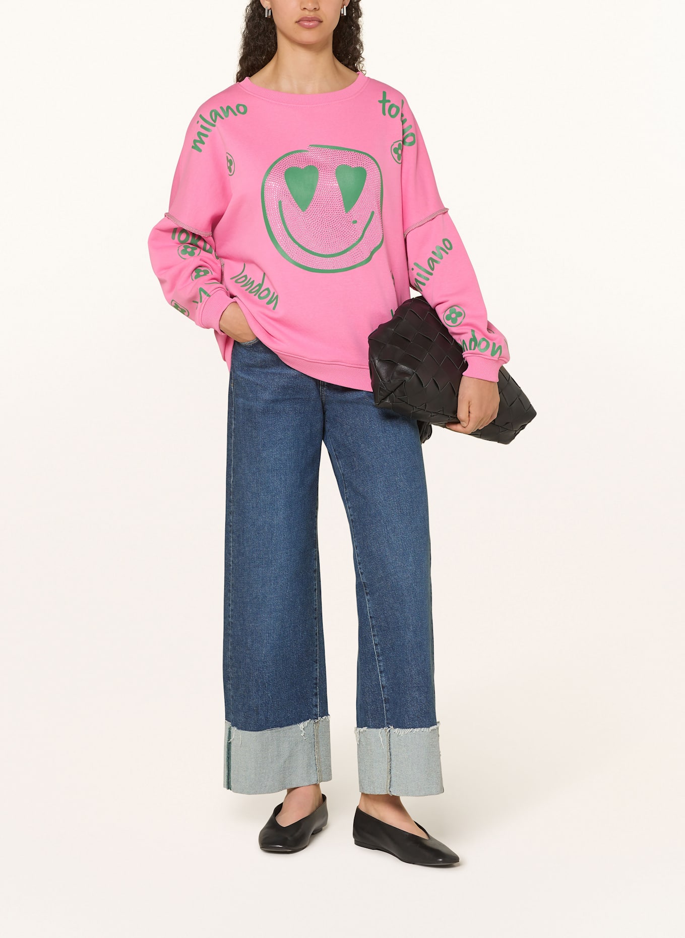 miss goodlife Sweatshirt mit Schmucksteinen: ROSA / DUNKELGRÜN