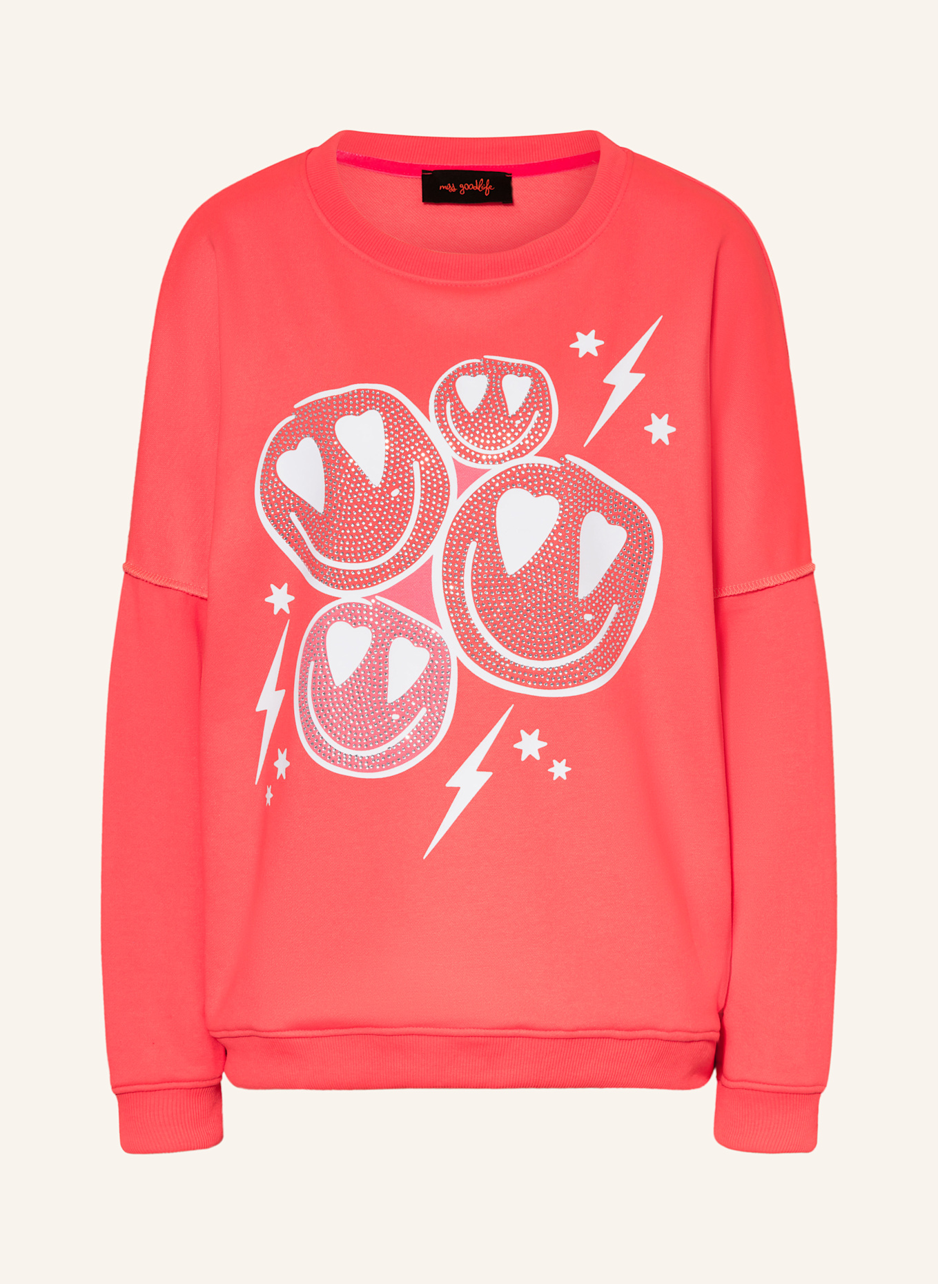 miss goodlife Sweatshirt mit Schmucksteinen: NEONPINK
