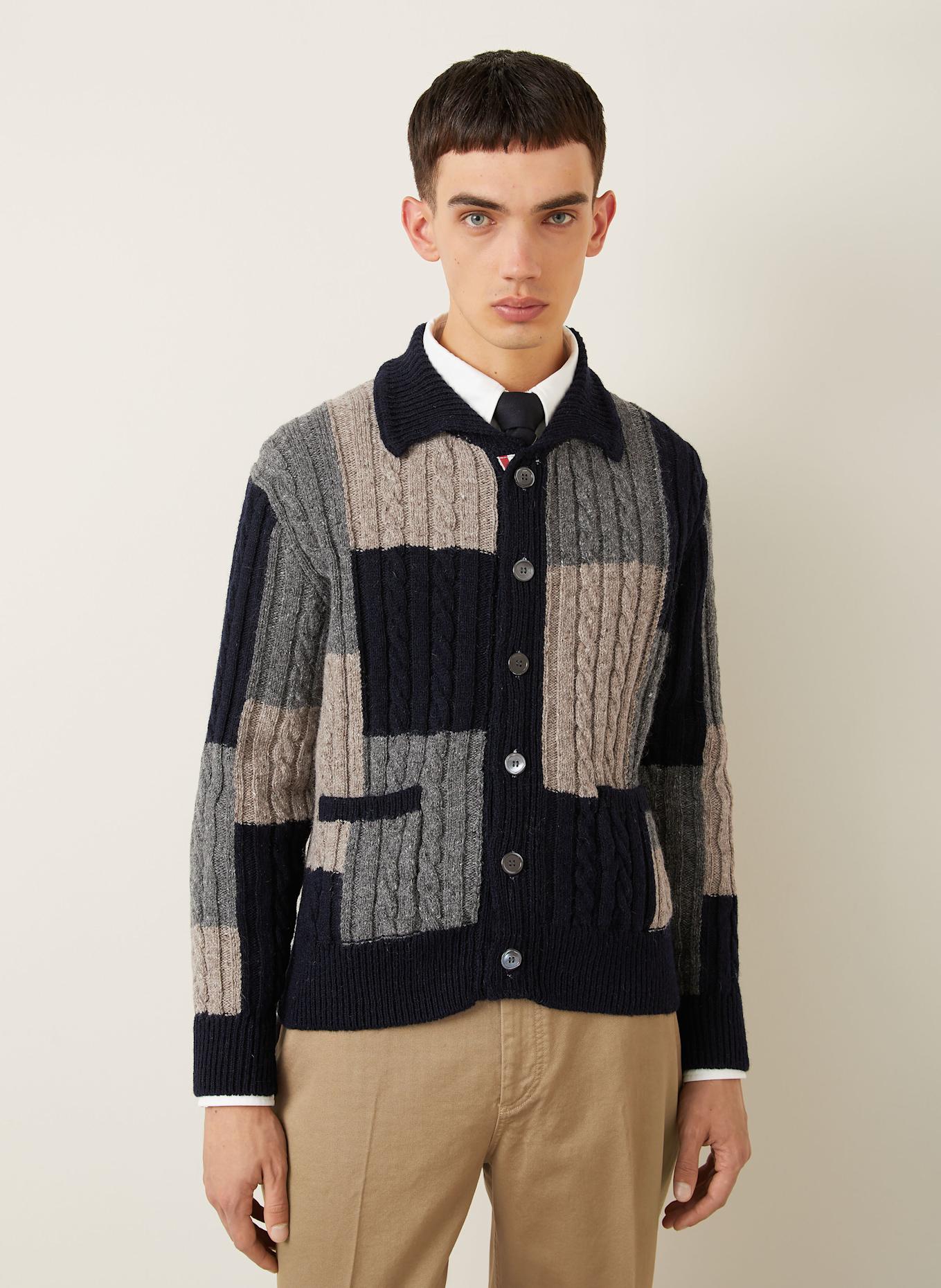 THOM BROWNE. Strickjacke mit Mohair: DUNKELBLAU / GRAU / TAUPE
