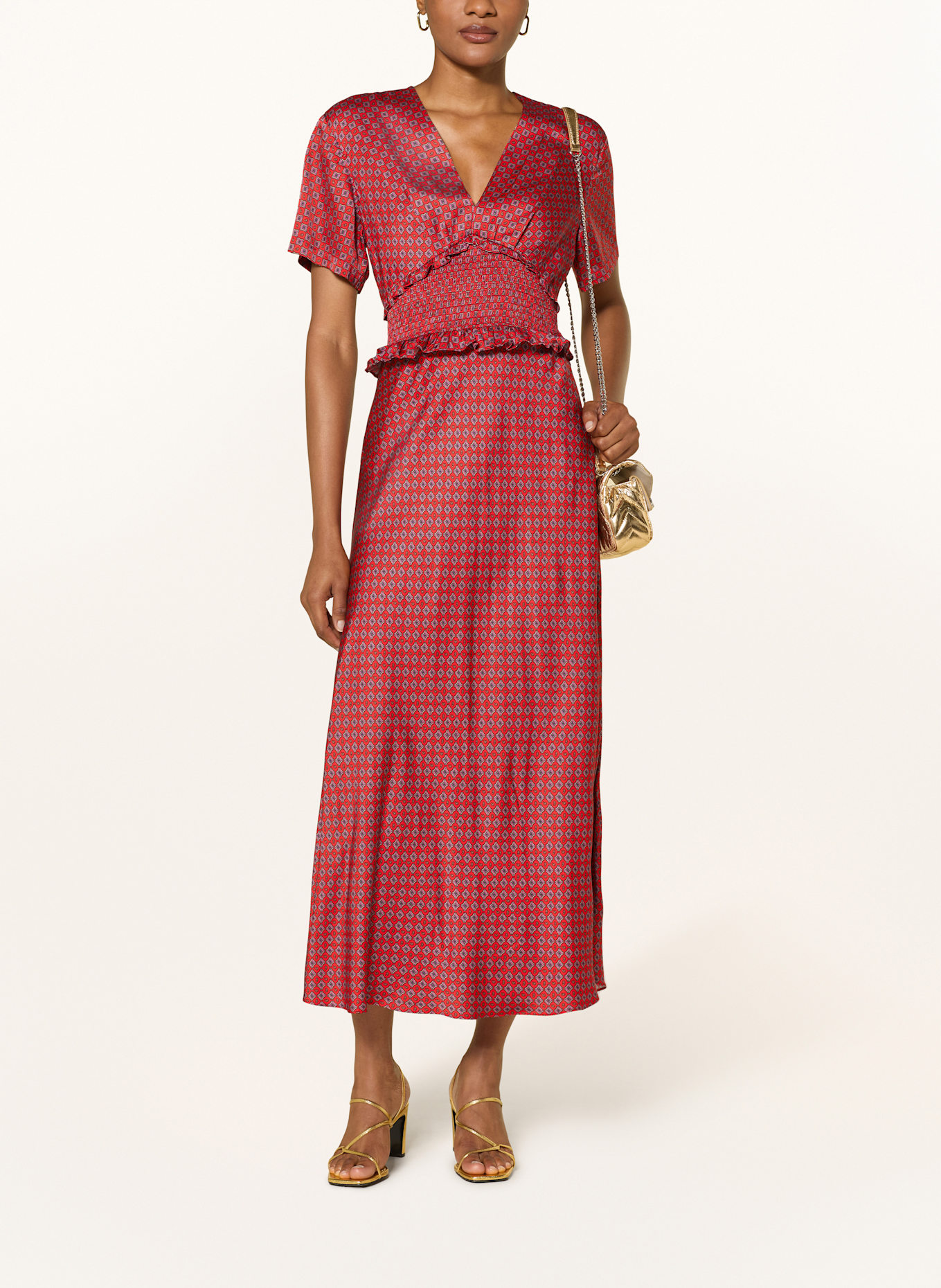 SANDRO Satinkleid mit Rüschen: ROT / PINK