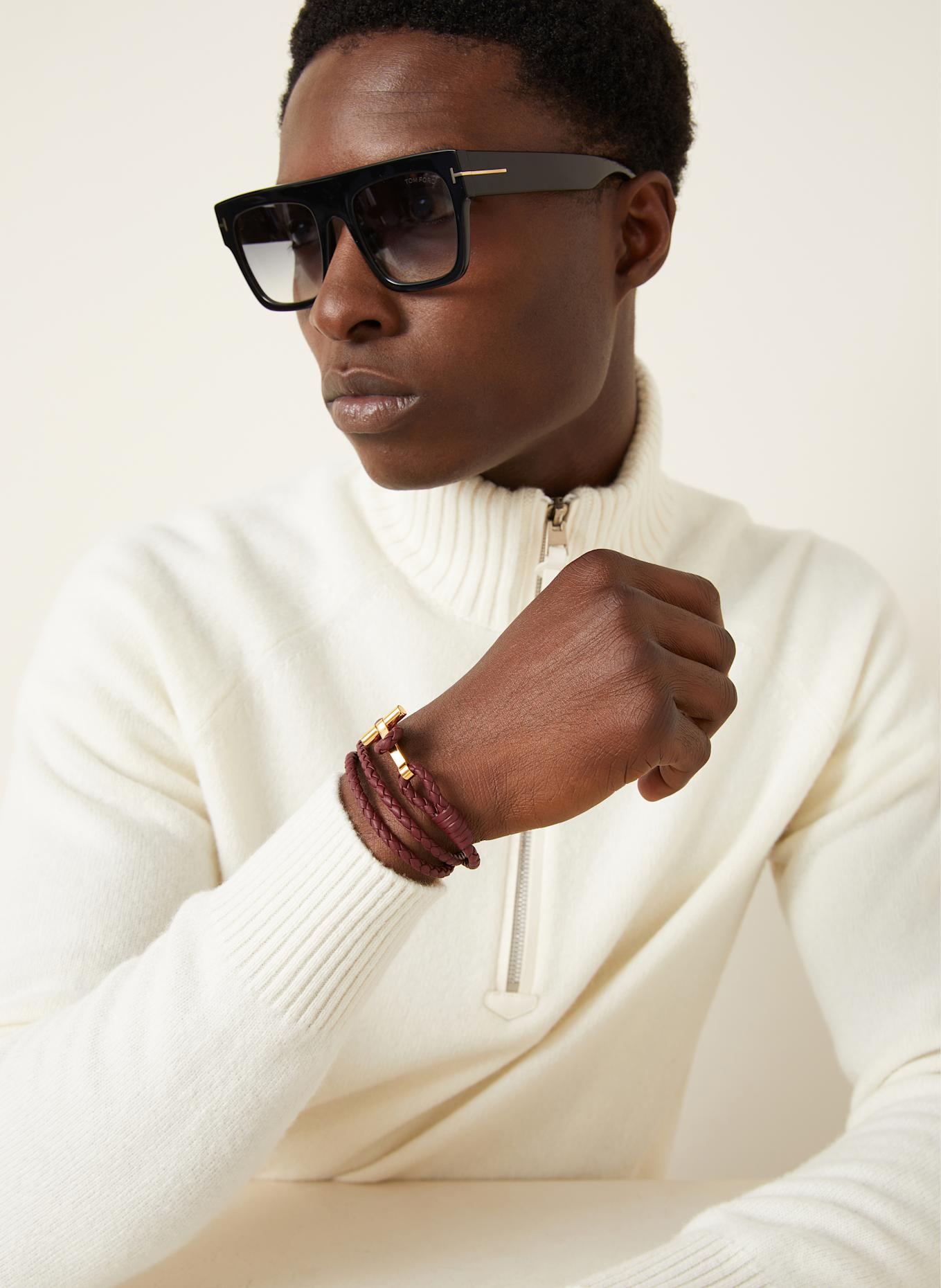 【送料&関税込】Tom Ford Dark Brown Leather Bracelet Tom Ford T woven leather bracelet for Men - Brown in UAE