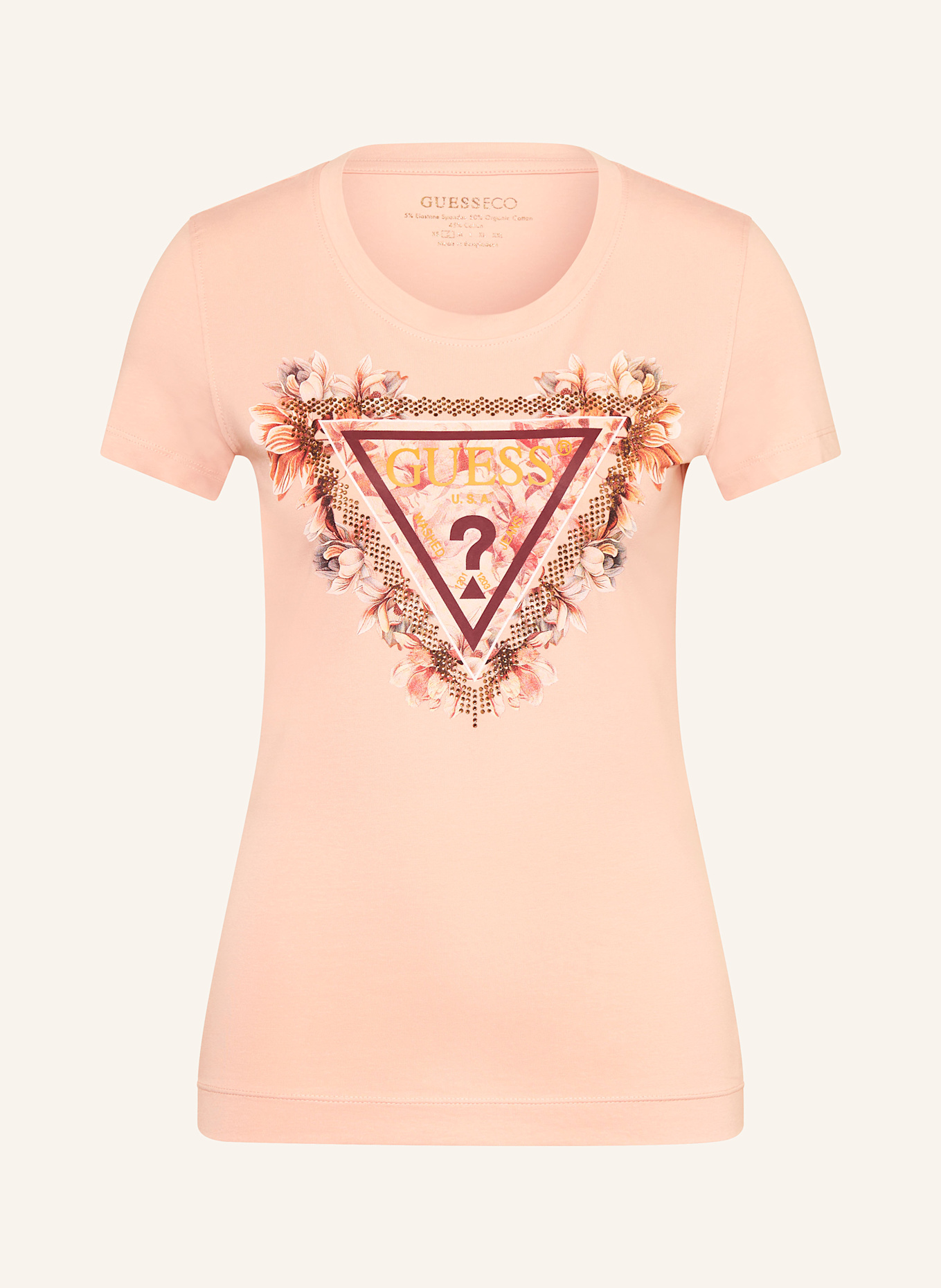GUESS T-Shirt mit Schmucksteinen: HELLORANGE