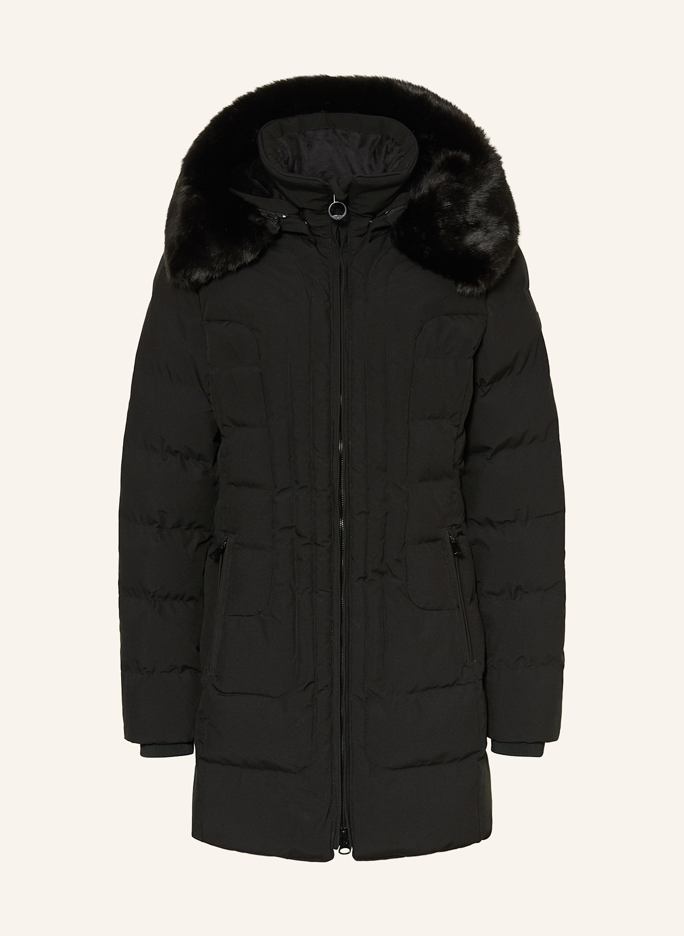 WELLENSTEYN BELVITESSE LONG quilted coat with DUPONT™ SORONA® insulation and detachable faux fur: BLACK