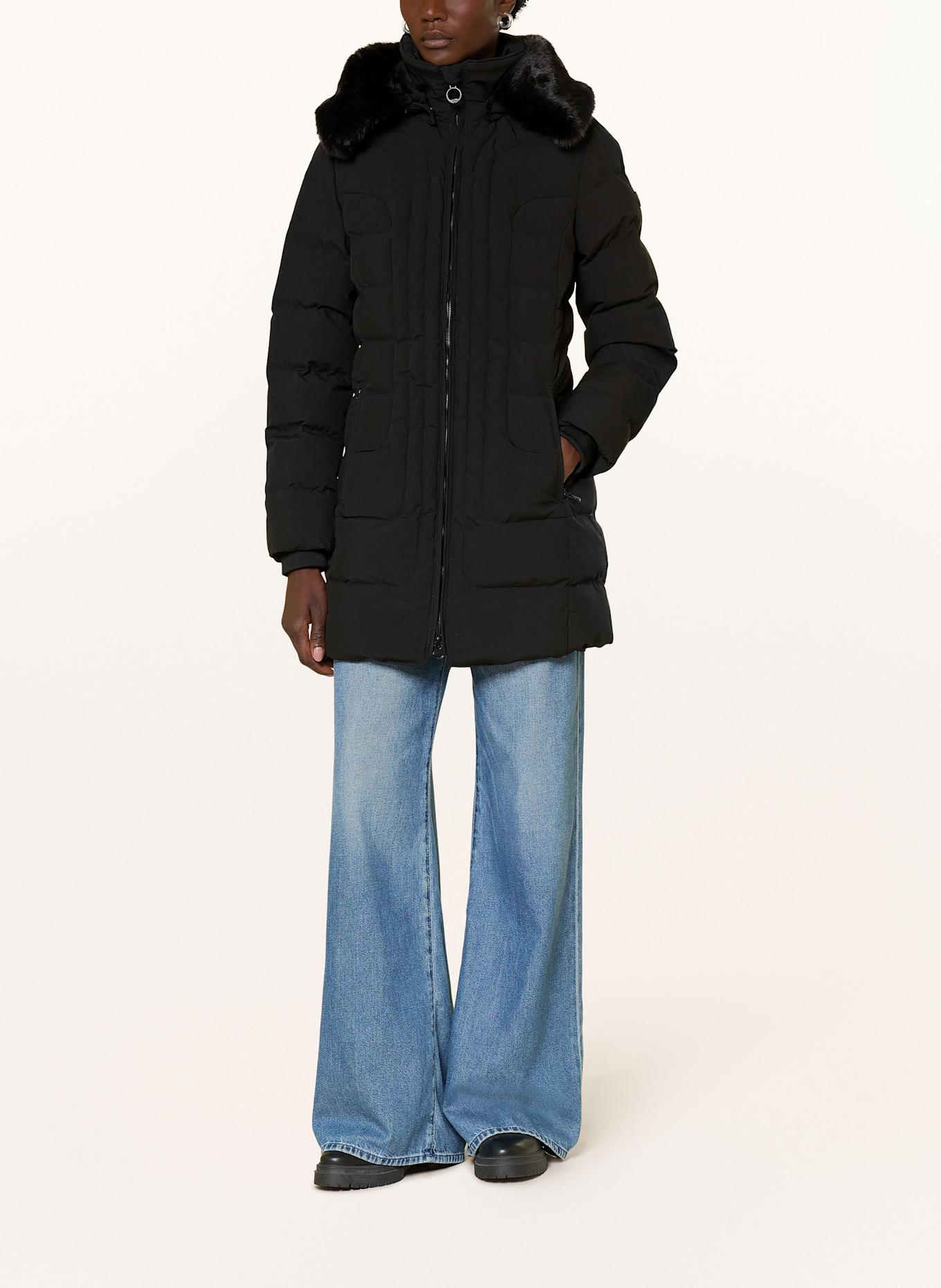 WELLENSTEYN BELVITESSE LONG quilted coat with DUPONT™ SORONA® insulation and detachable faux fur: BLACK