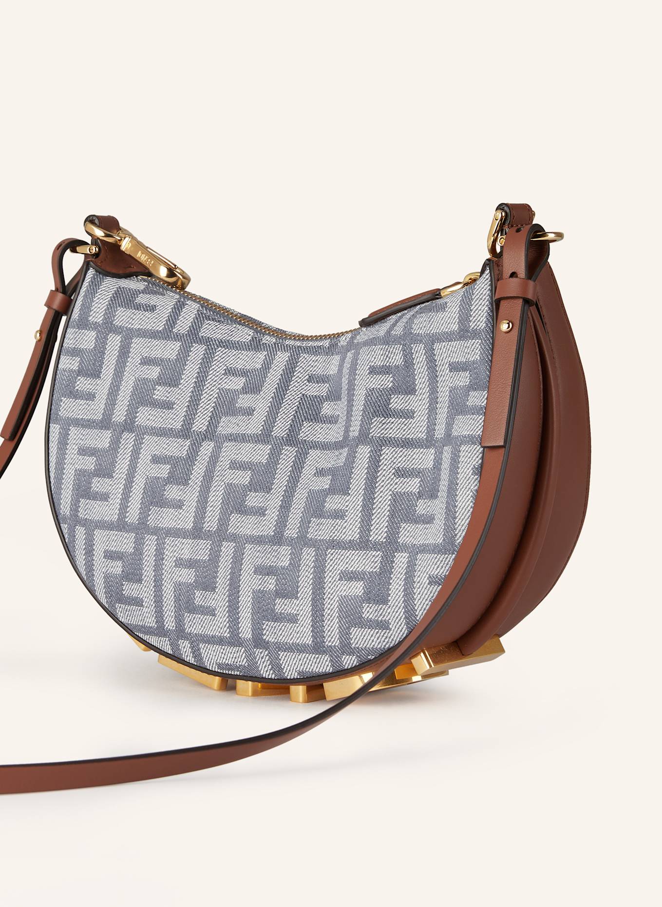 FENDI Beuteltasche FENDIGRAPHY MINI: BLAUGRAU / COGNAC