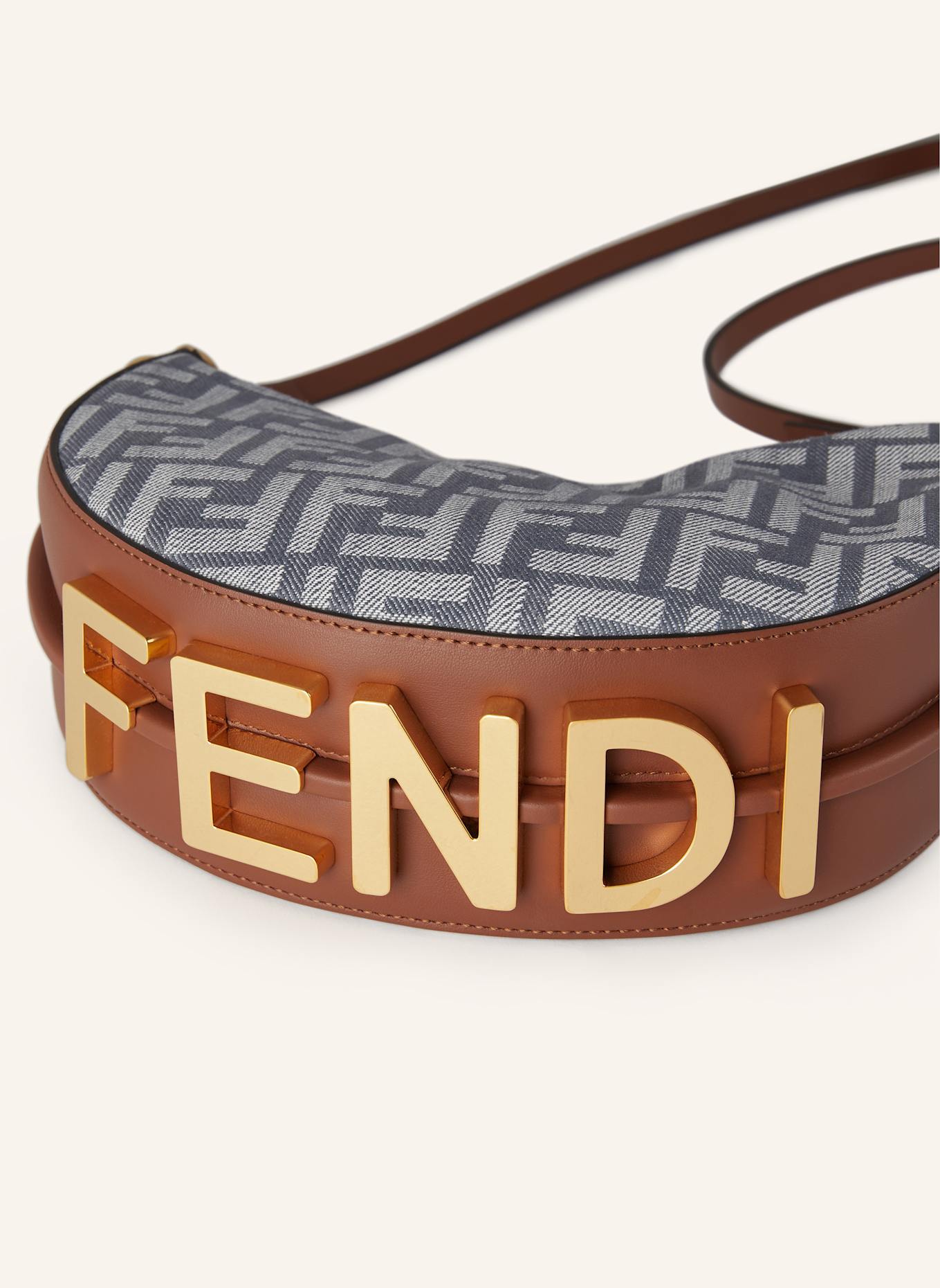 FENDI Beuteltasche FENDIGRAPHY MINI: BLAUGRAU / COGNAC