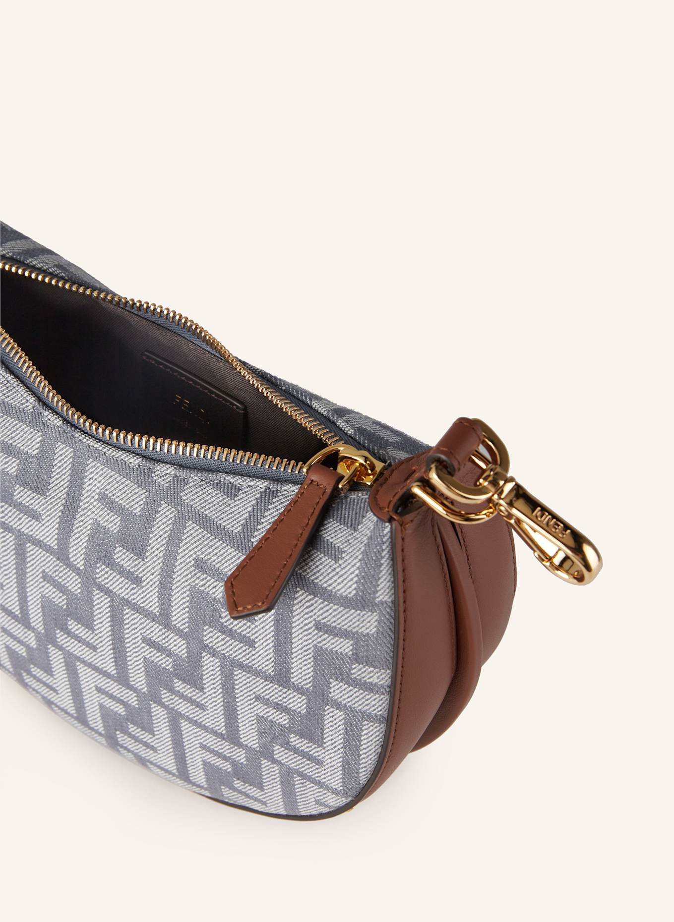 FENDI Beuteltasche FENDIGRAPHY MINI: BLAUGRAU / COGNAC