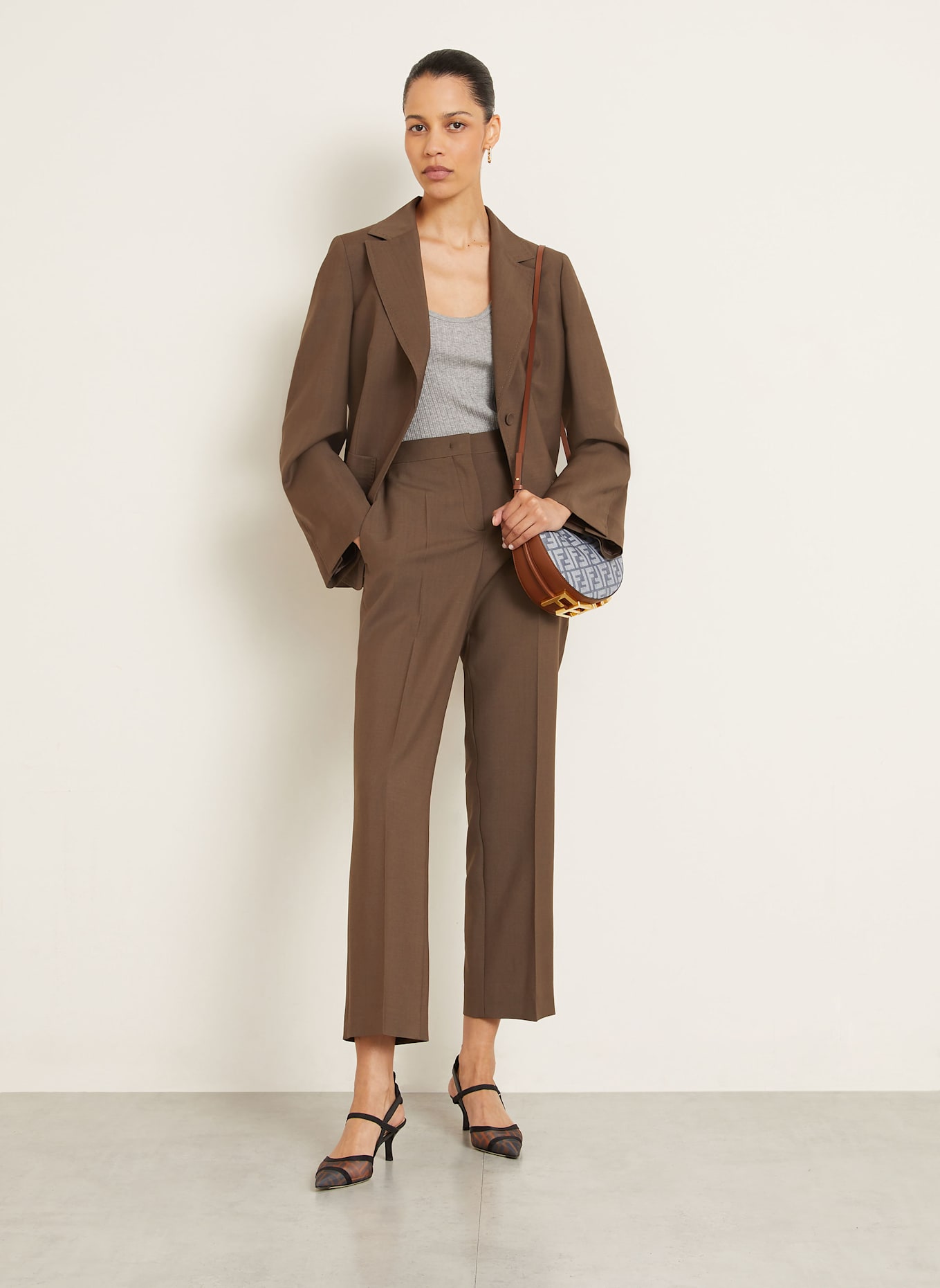 FENDI Beuteltasche FENDIGRAPHY MINI: BLAUGRAU / COGNAC