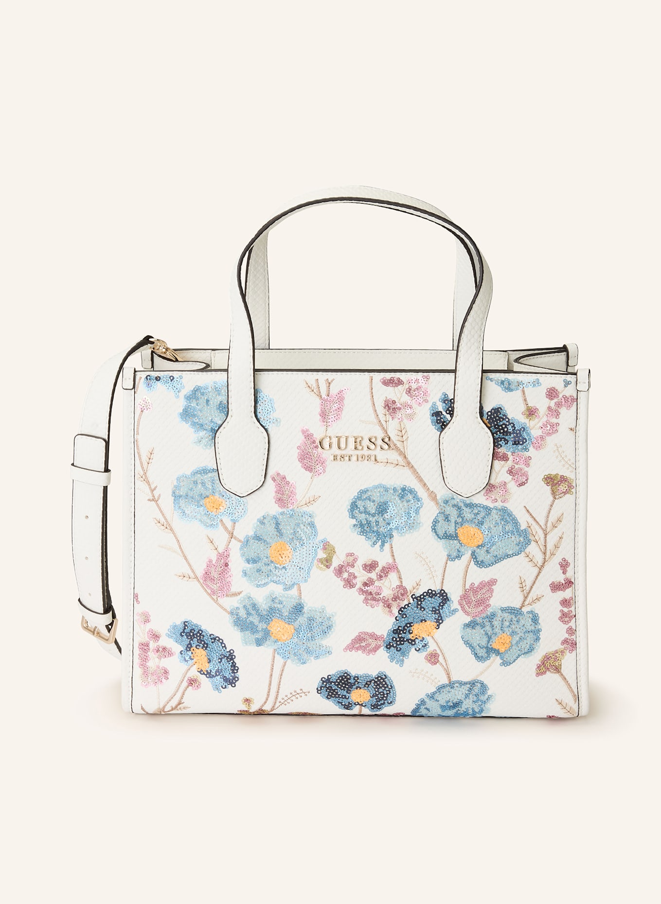 GUESS Handtasche ZARIA mit Pailletten in weiss/ blaugrau/ altrosa