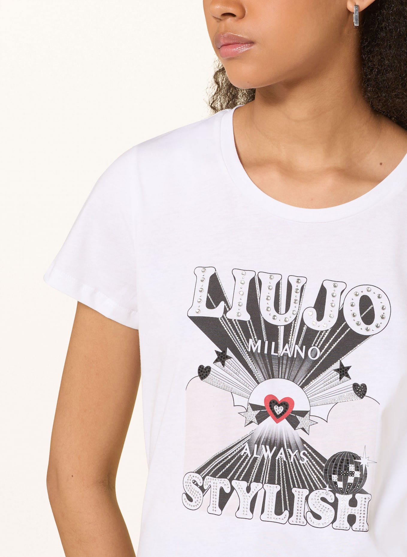 LIU JO T-shirt z obszyciem ozdobnymi kamykami: BIAŁY