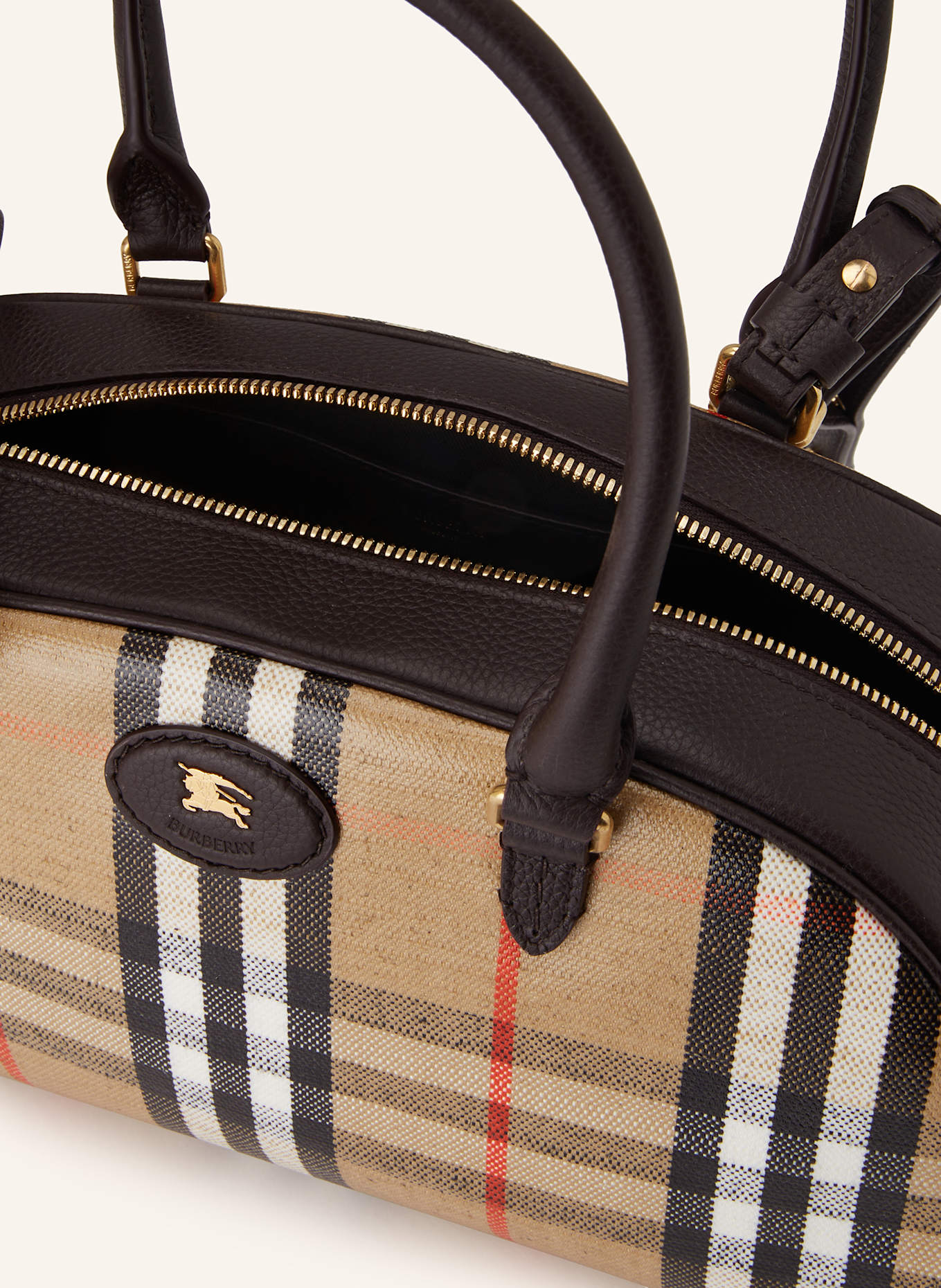 BURBERRY Handtasche HIGHLANDS: DUNKELBRAUN / BEIGE / ROT