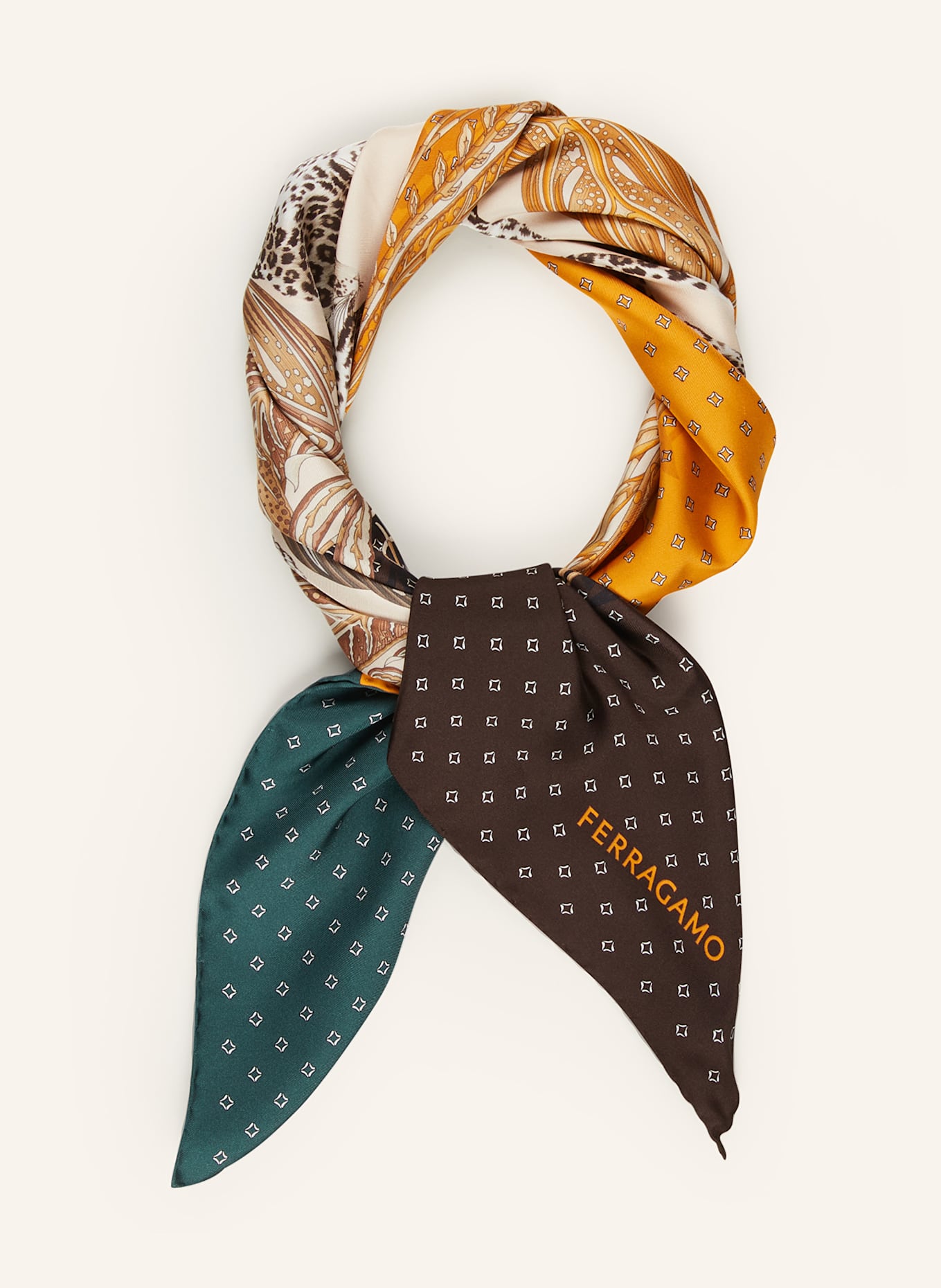 FERRAGAMO Silk scarf: BEIGE / DARK GREEN / ORANGE