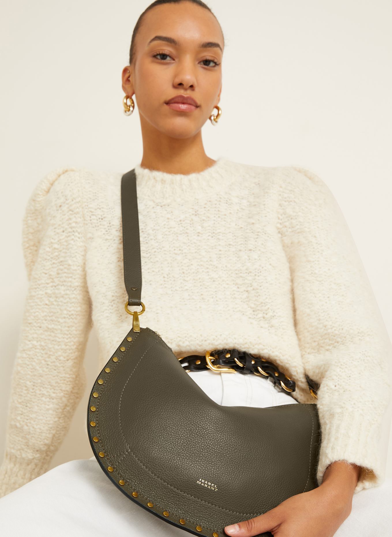 ISABEL MARANT Torba na ramię OSKAN z ćwiekami: KHAKI