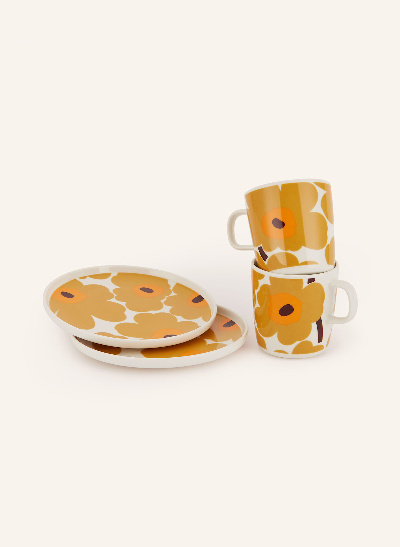 marimekko 4-tlg. Set OIVA/ UNIKKO: Henkelbecher und Dessertteller: ECRU / DUNKELGELB / ORANGE