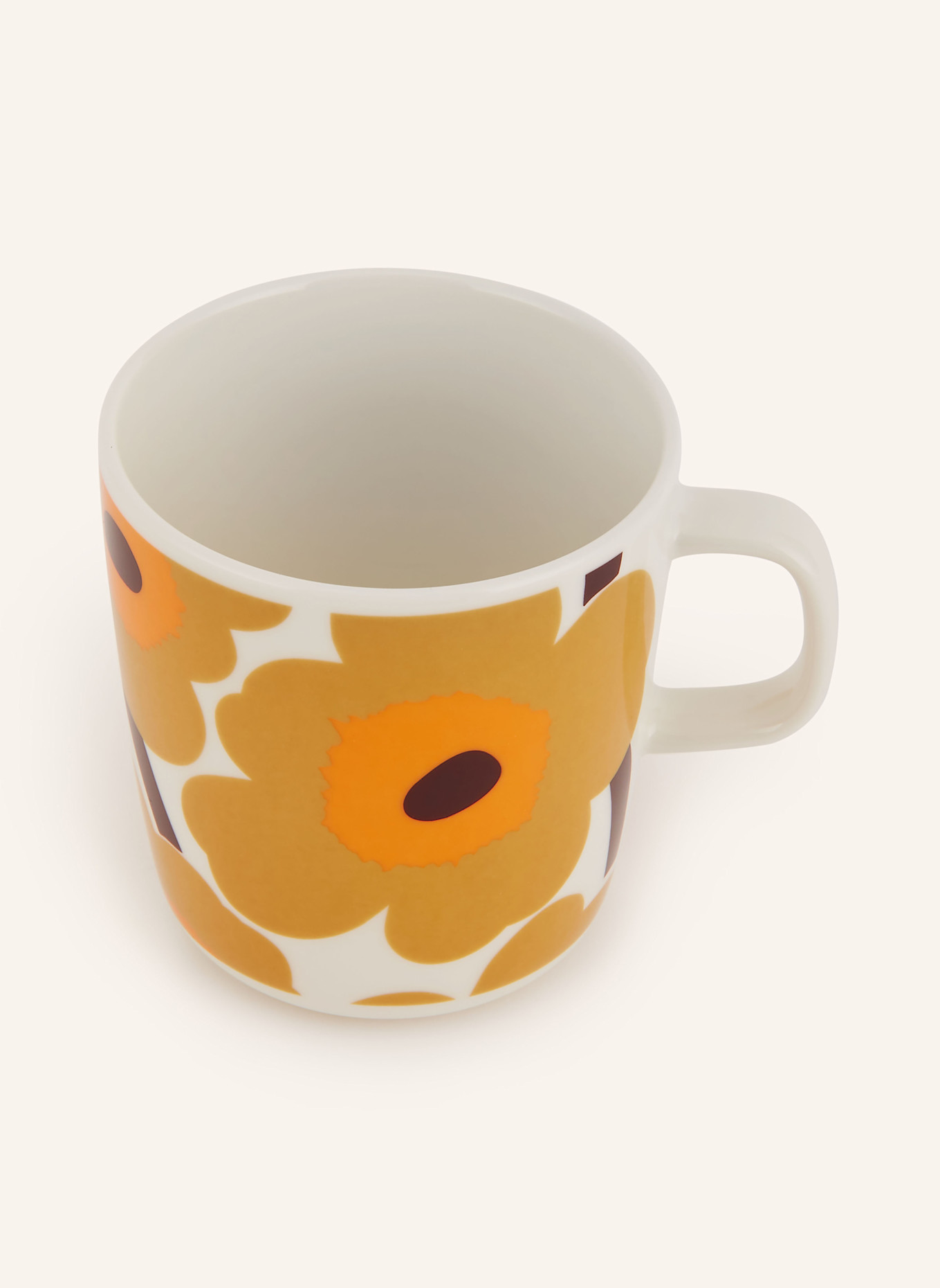 marimekko 4-tlg. Set OIVA/ UNIKKO: Henkelbecher und Dessertteller: ECRU / DUNKELGELB / ORANGE