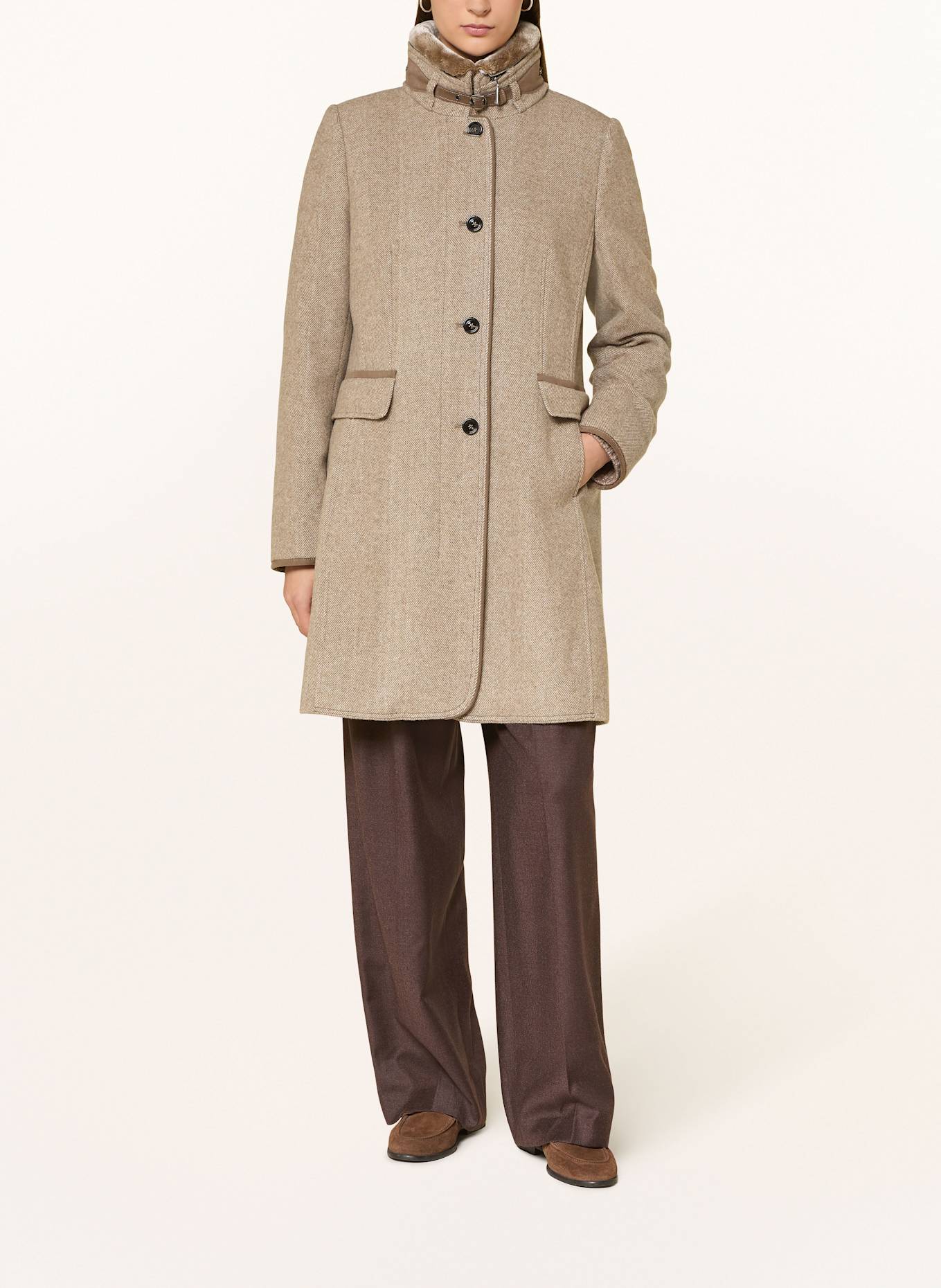 GIL BRET Wollmantel mit abnehmbarem Kunstfell: BEIGE