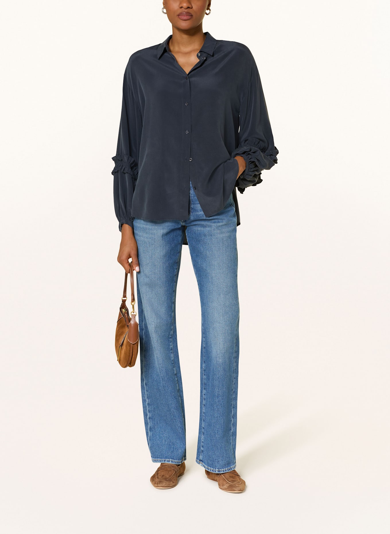 IVI collection Hemdbluse aus Seide mit Rüschen: DUNKELBLAU