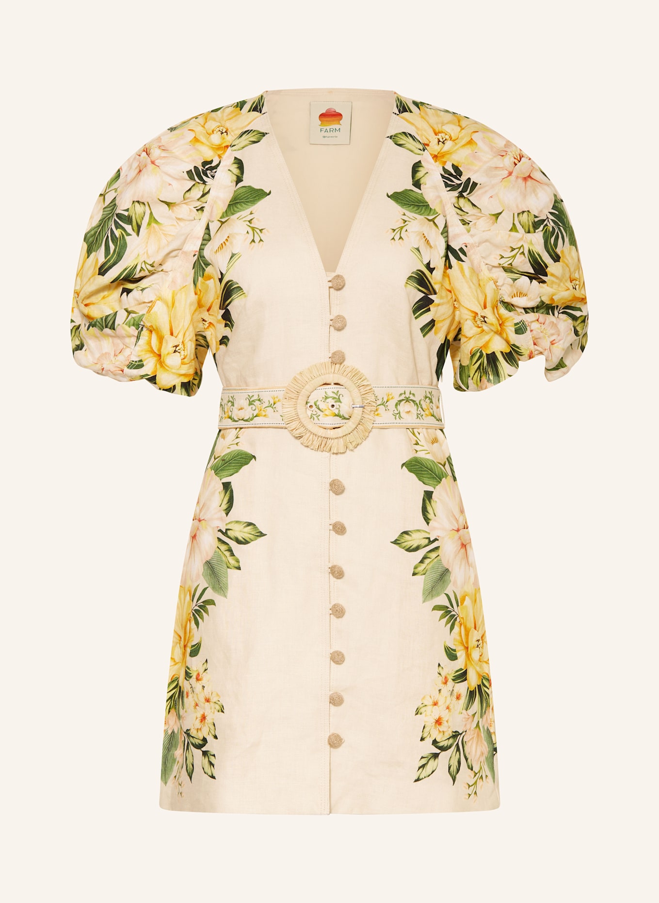 FARM RIO Cocktailkleid GARDEN CASCADE aus Leinen: CREME/ GELB/ GRÜN