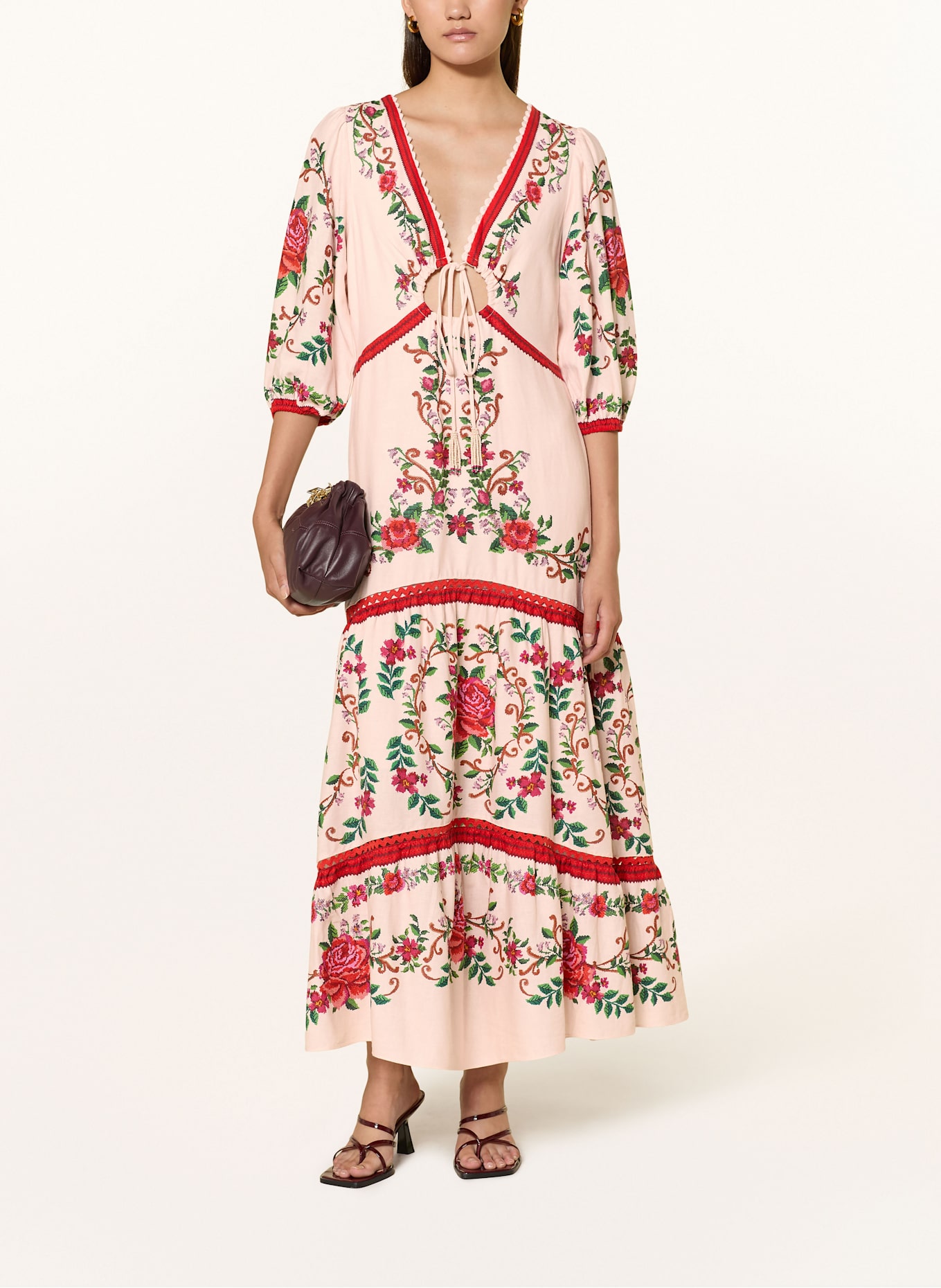 FARM RIO Sukienka FLOWER TAPESTRY z lnem i rękawami 3/4: JASNORÓŻOWY / CZERWONY / ZIELONY