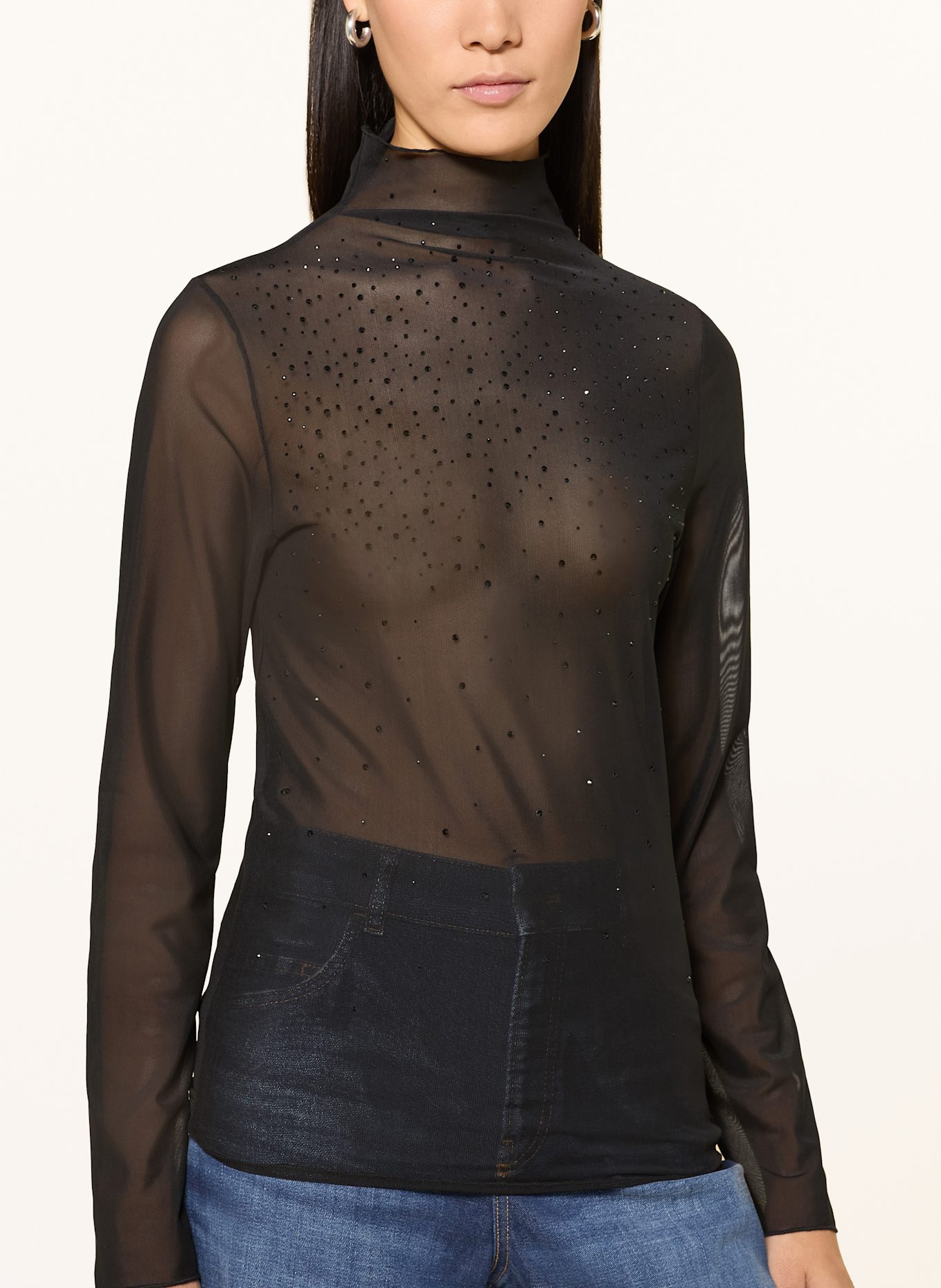 MARC CAIN Longsleeve aus Mesh mit Schmucksteinen: 900 BLACK