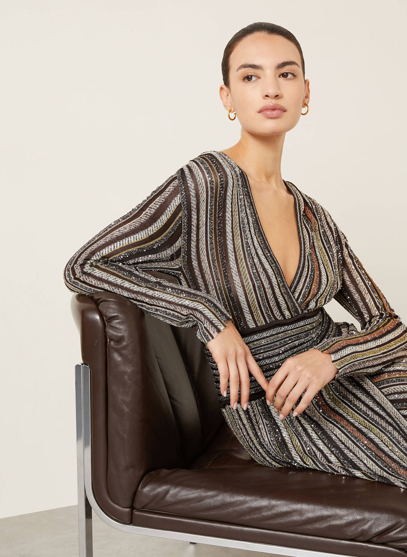 MISSONI Strickkleid mit Pailletten: BRAUN / CREME / SILBER