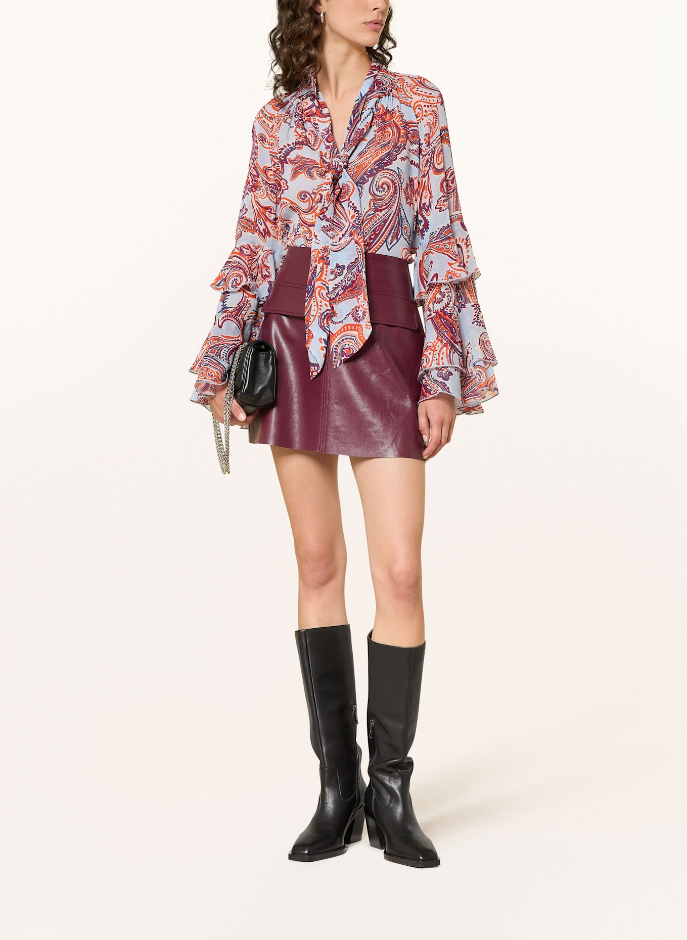 MRS & HUGS Schluppenbluse mit Volants: HELLBLAU / ORANGE / DUNKELROT