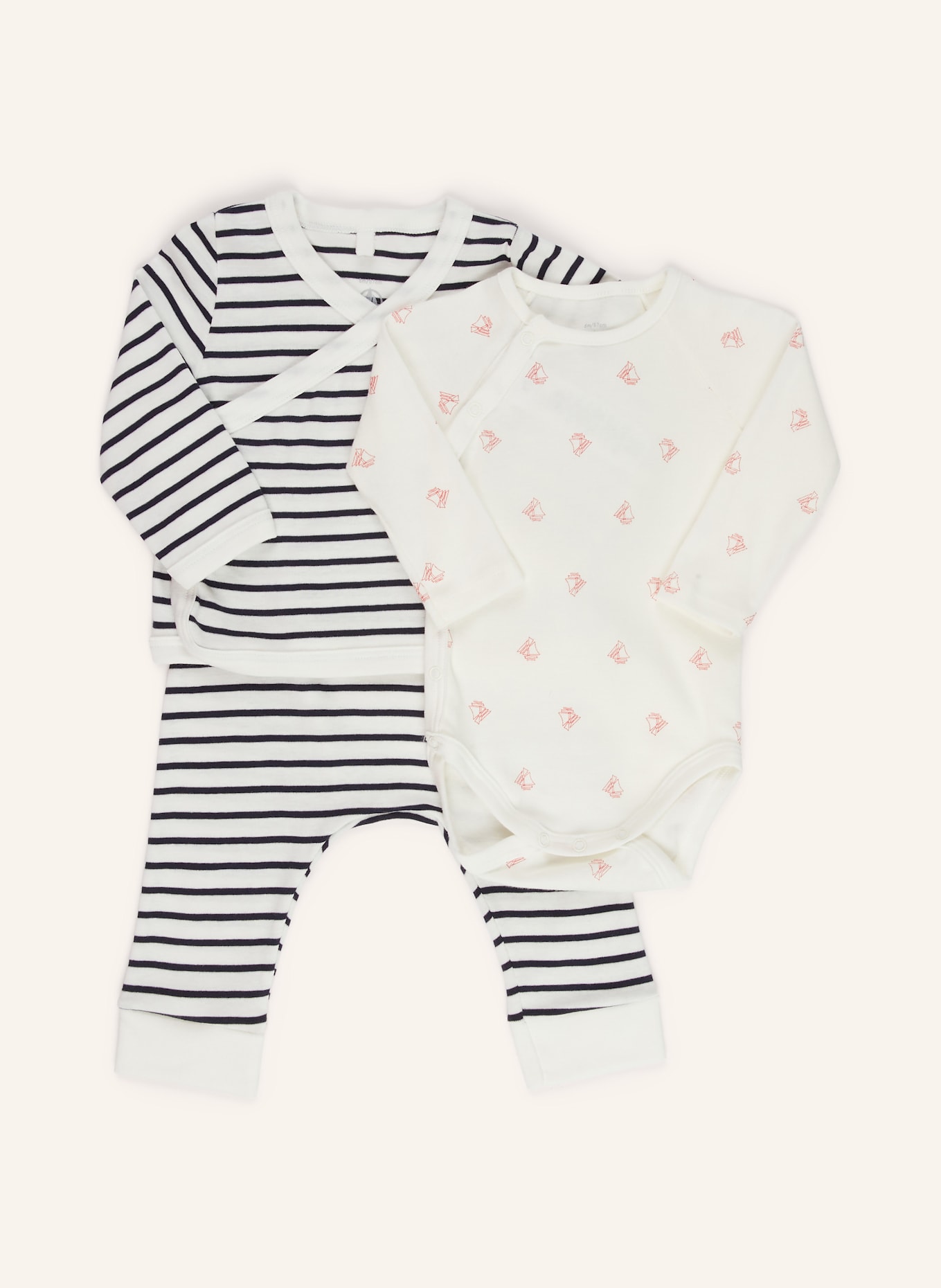 PETIT BATEAU Set: Wickelbody, Wickelshirt und Hose: WEISS / ROT / BLAU