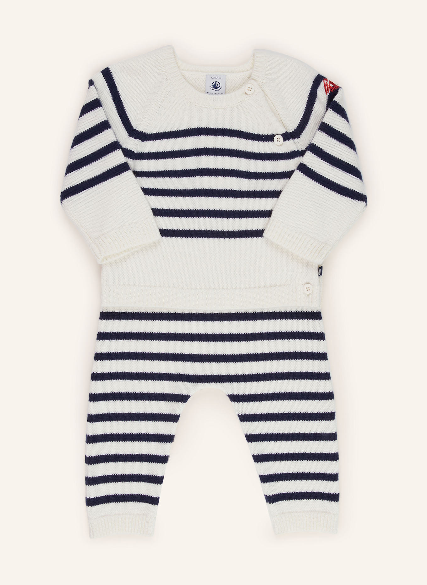 PETIT BATEAU Set: Pullover und Strickhose: WEISS / DUNKELBLAU