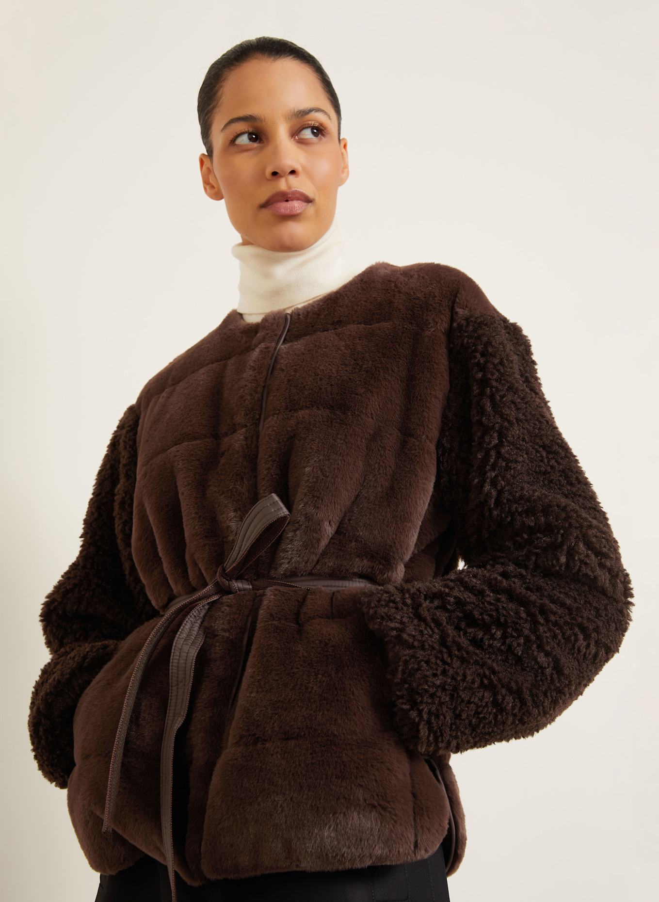 MONCLER Down jacket JOUILLAT with faux fur in dark brown