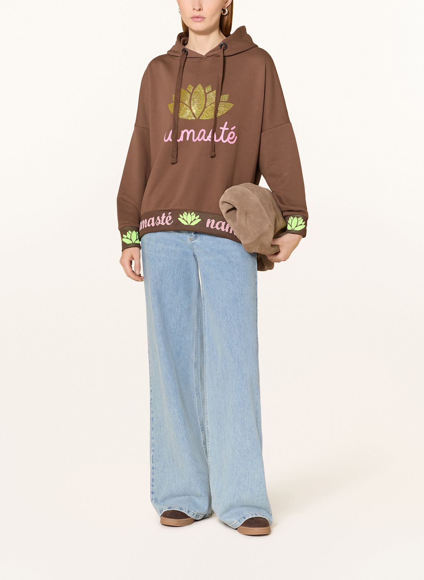 miss goodlife Oversized-Hoodie NAMASTE mit Schmucksteinen: DUNKELBRAUN / NEONGELB