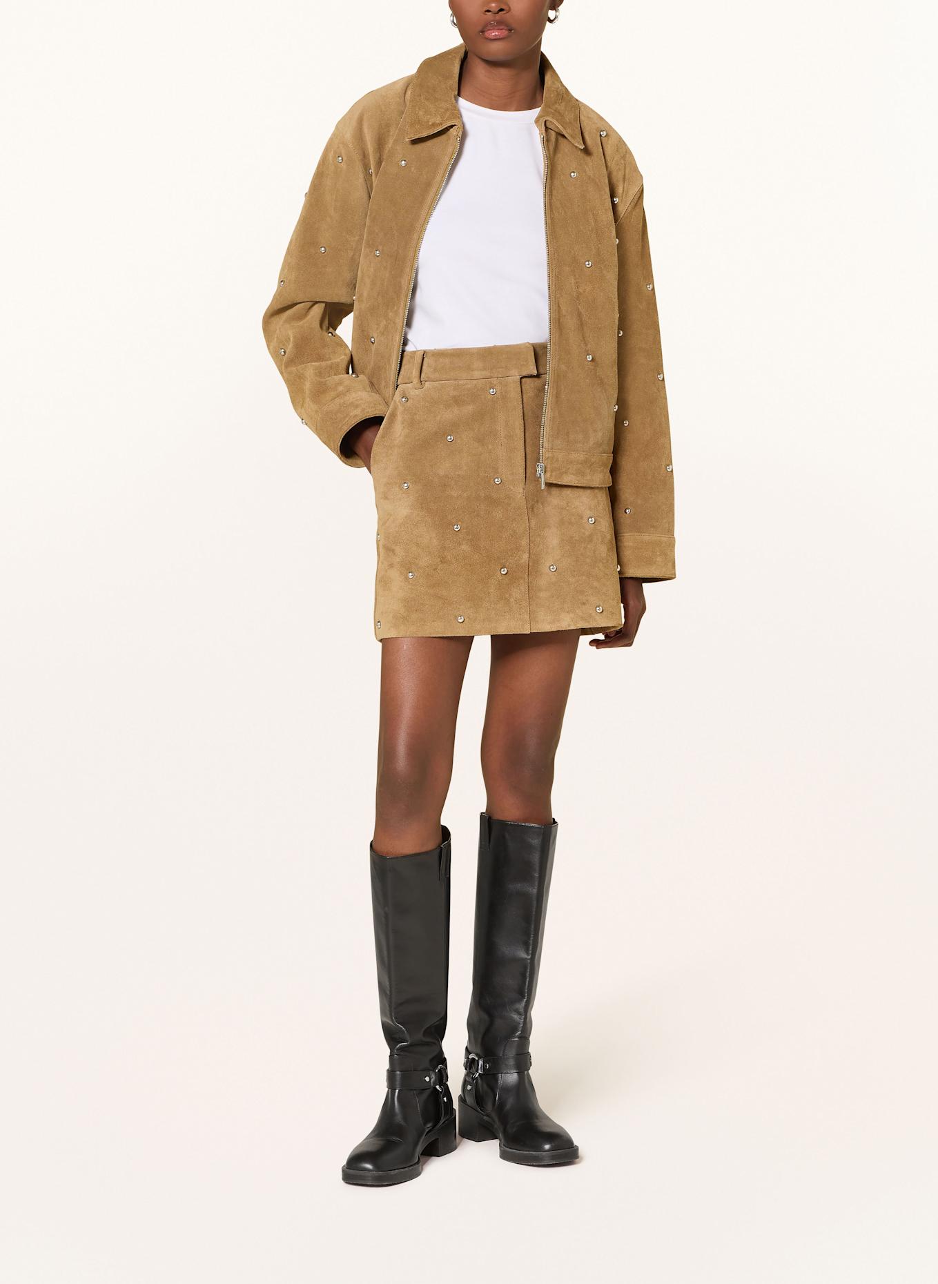 STUDIO AR Spódnica skórzana z ćwiekami: CAMELOWY