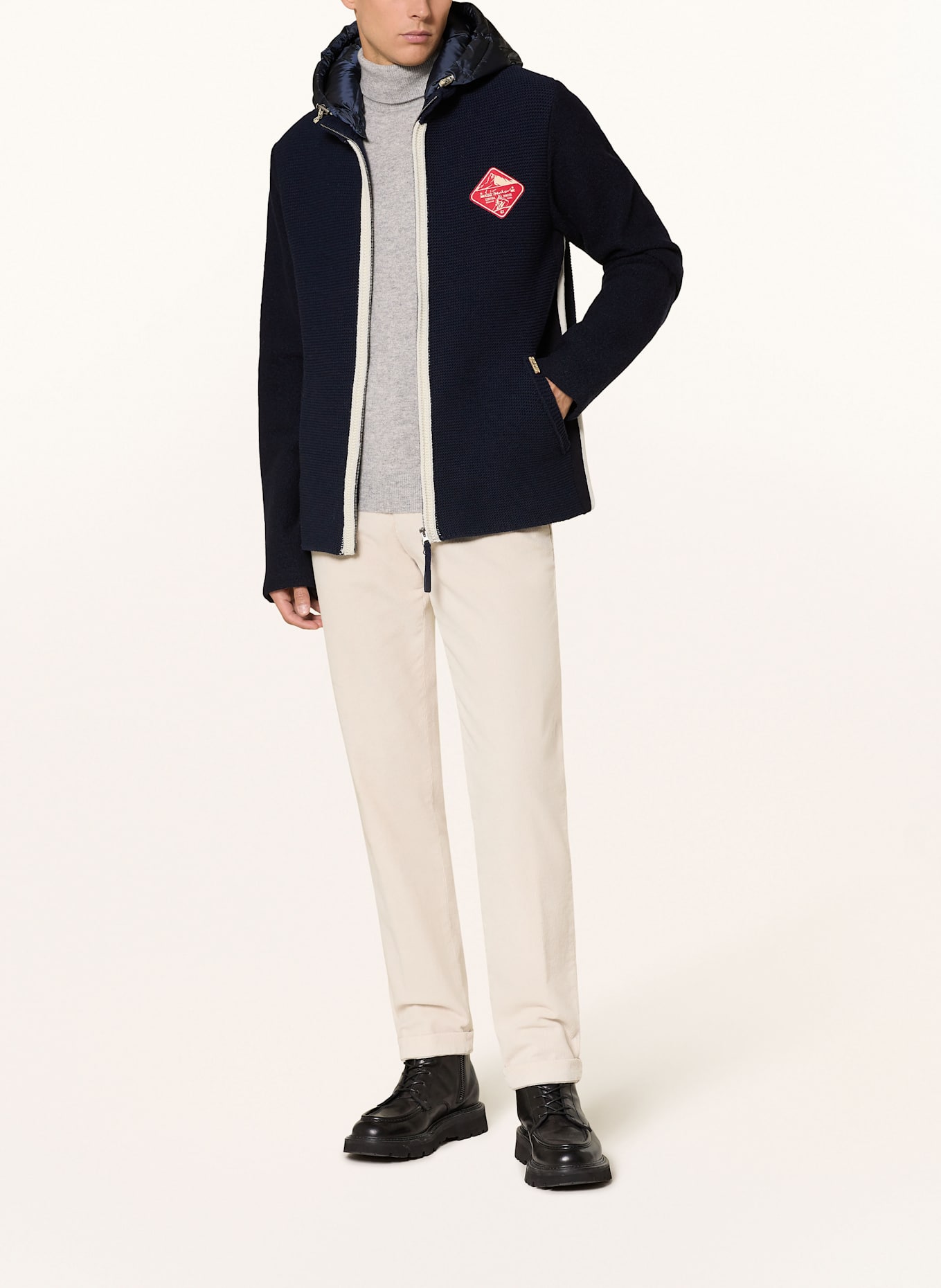 Luis Trenker Strickjacke mit abnehmbarer Kapuze: DUNKELBLAU / WEISS