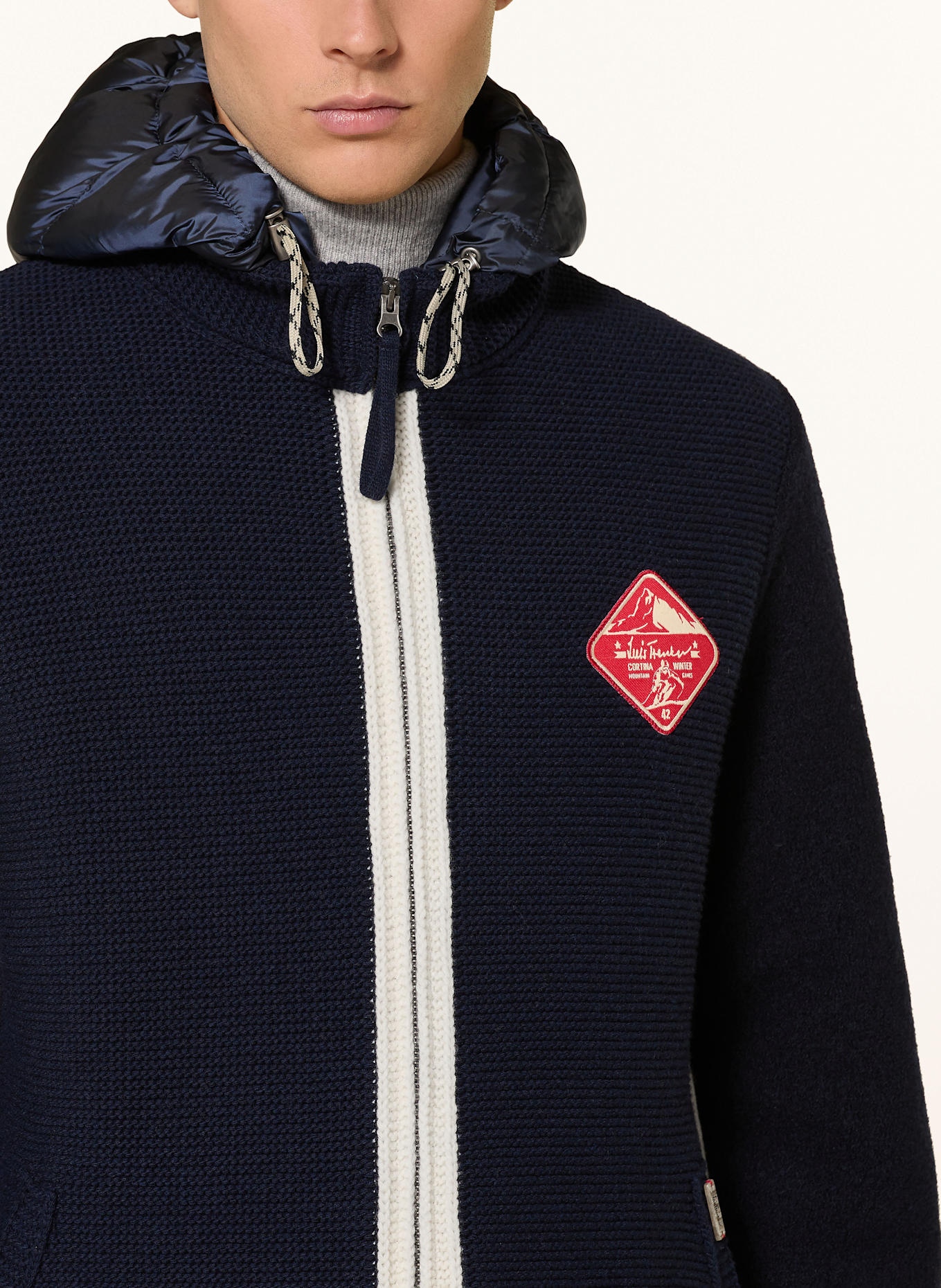 Luis Trenker Strickjacke mit abnehmbarer Kapuze: DUNKELBLAU / WEISS