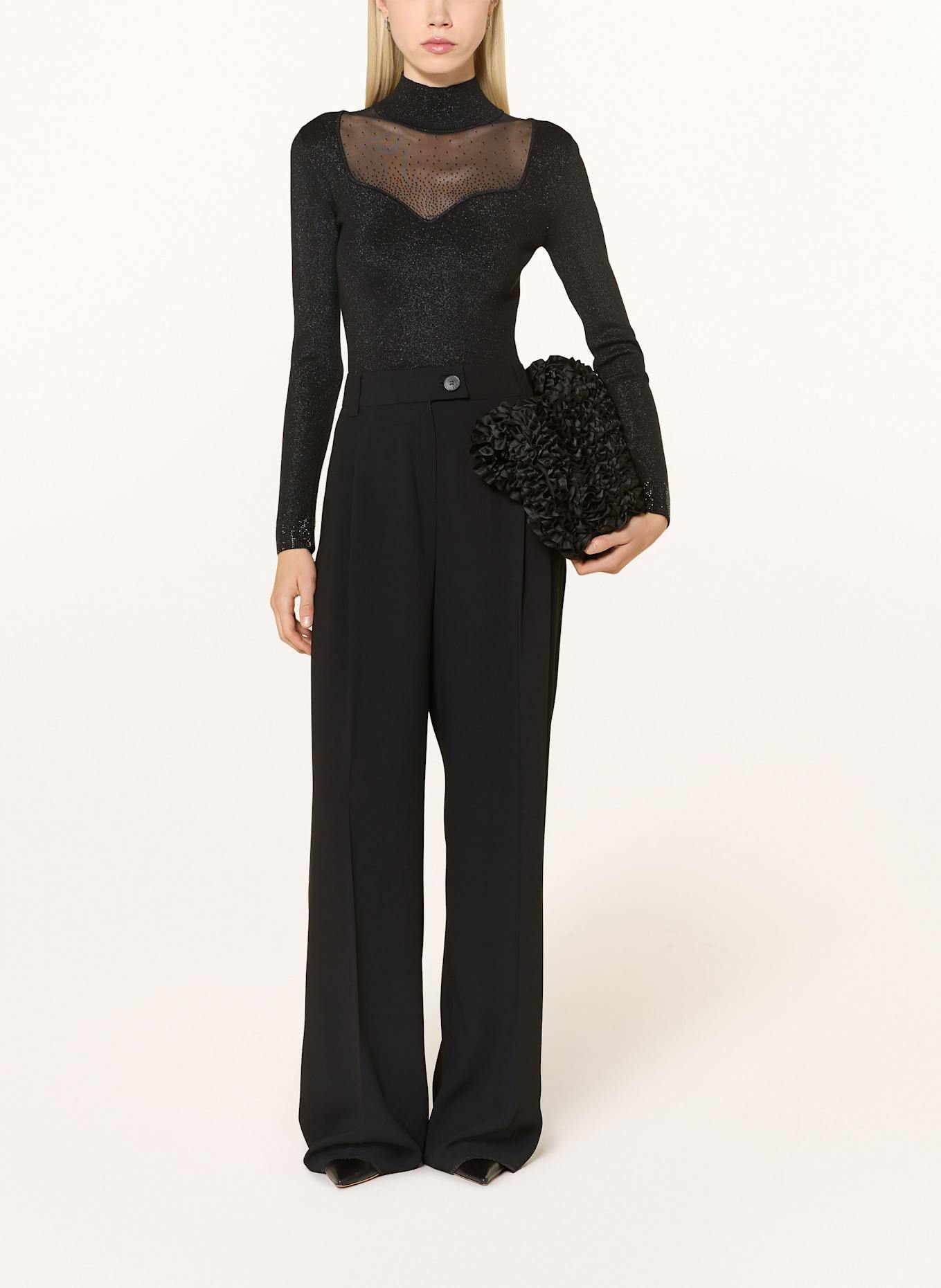 GUESS Lonsgsleeve mit Mesh und Schmucksteinen: SCHWARZ