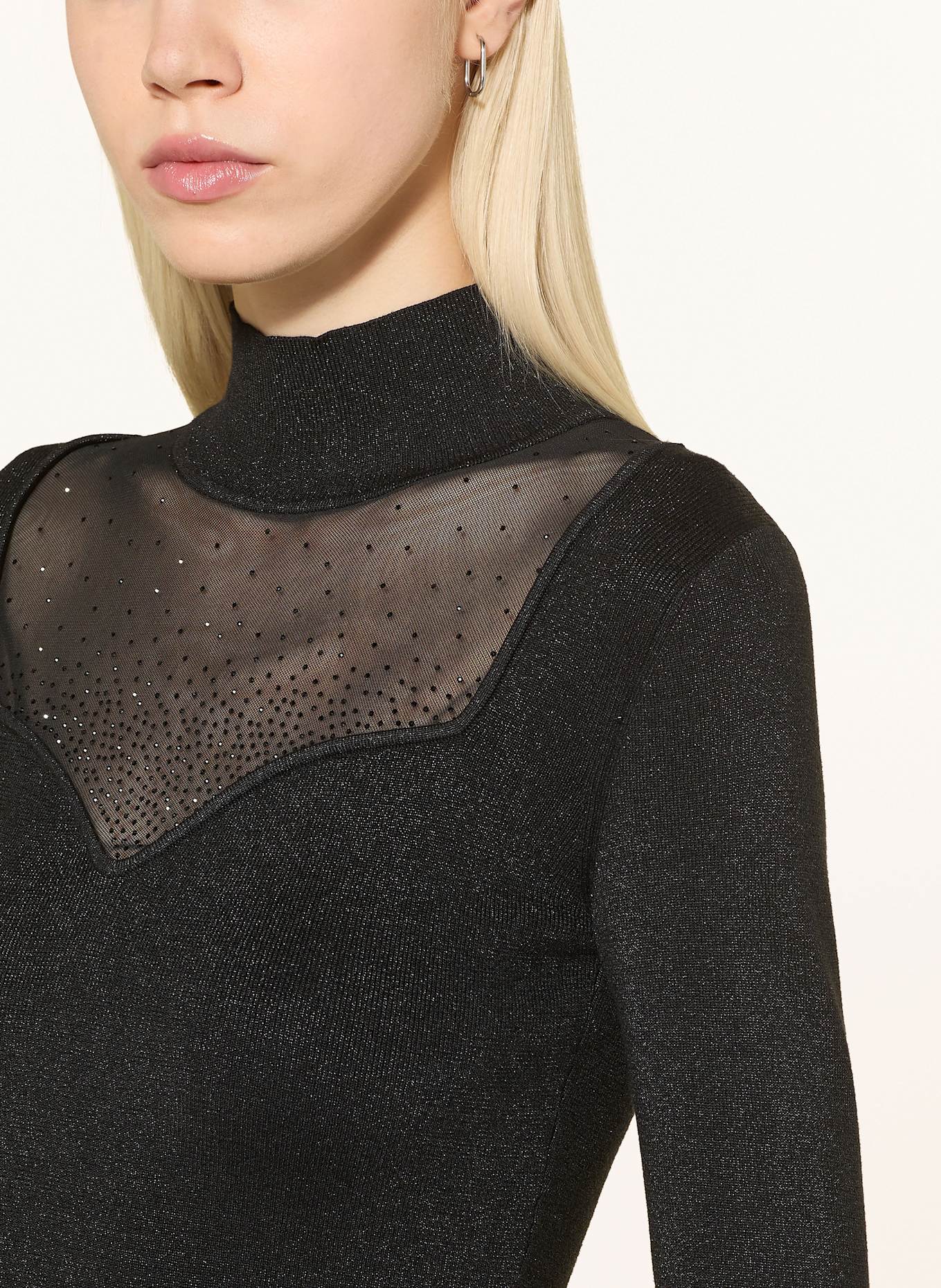 GUESS Lonsgsleeve mit Mesh und Schmucksteinen: SCHWARZ