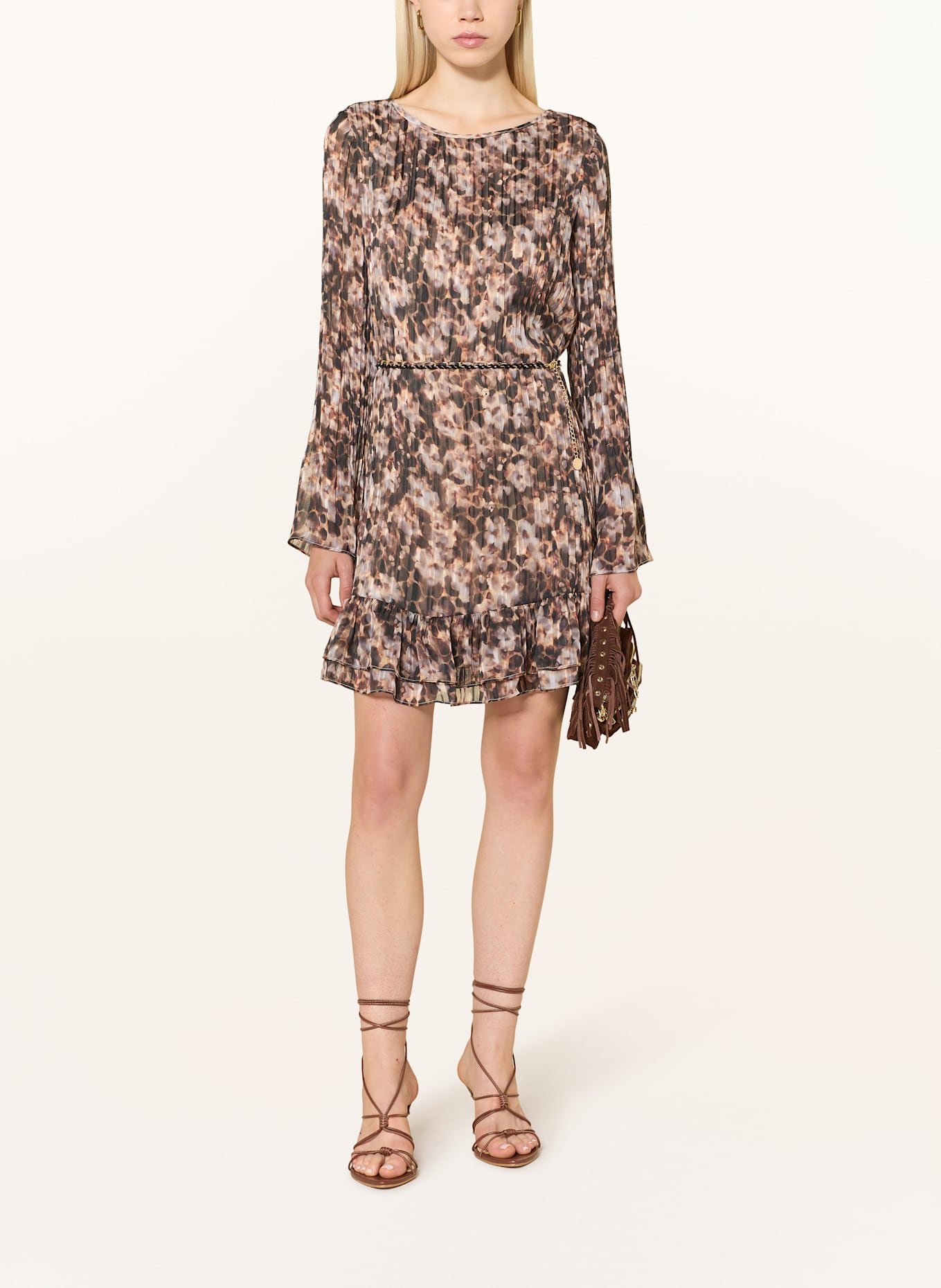 GUESS Kleid LS ILENIA: HELLORANGE / DUNKELBRAUN / HELLGRAU