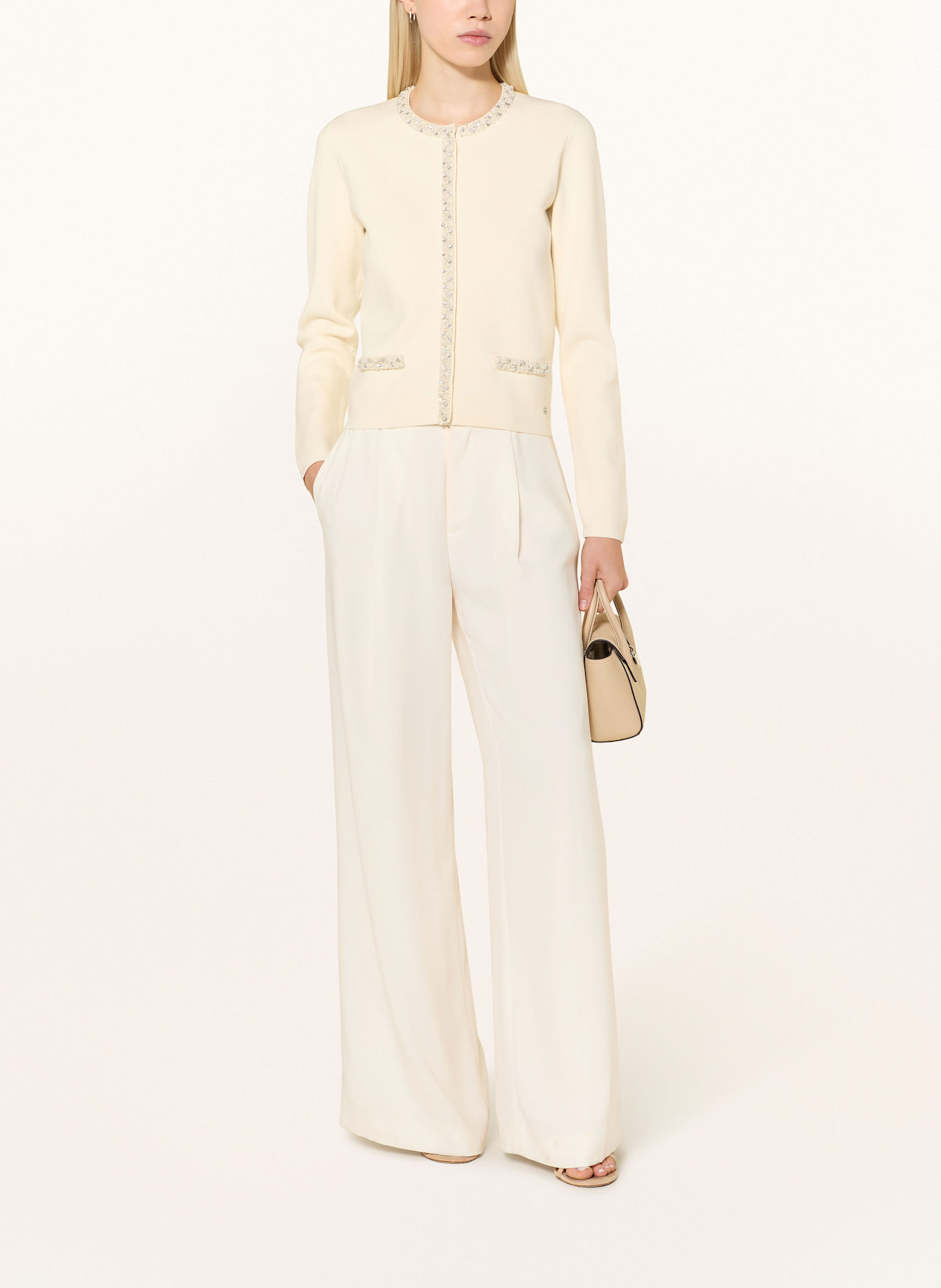 GUESS Strickjacke mit Schmucksteinen und Schmuckperlen: ECRU