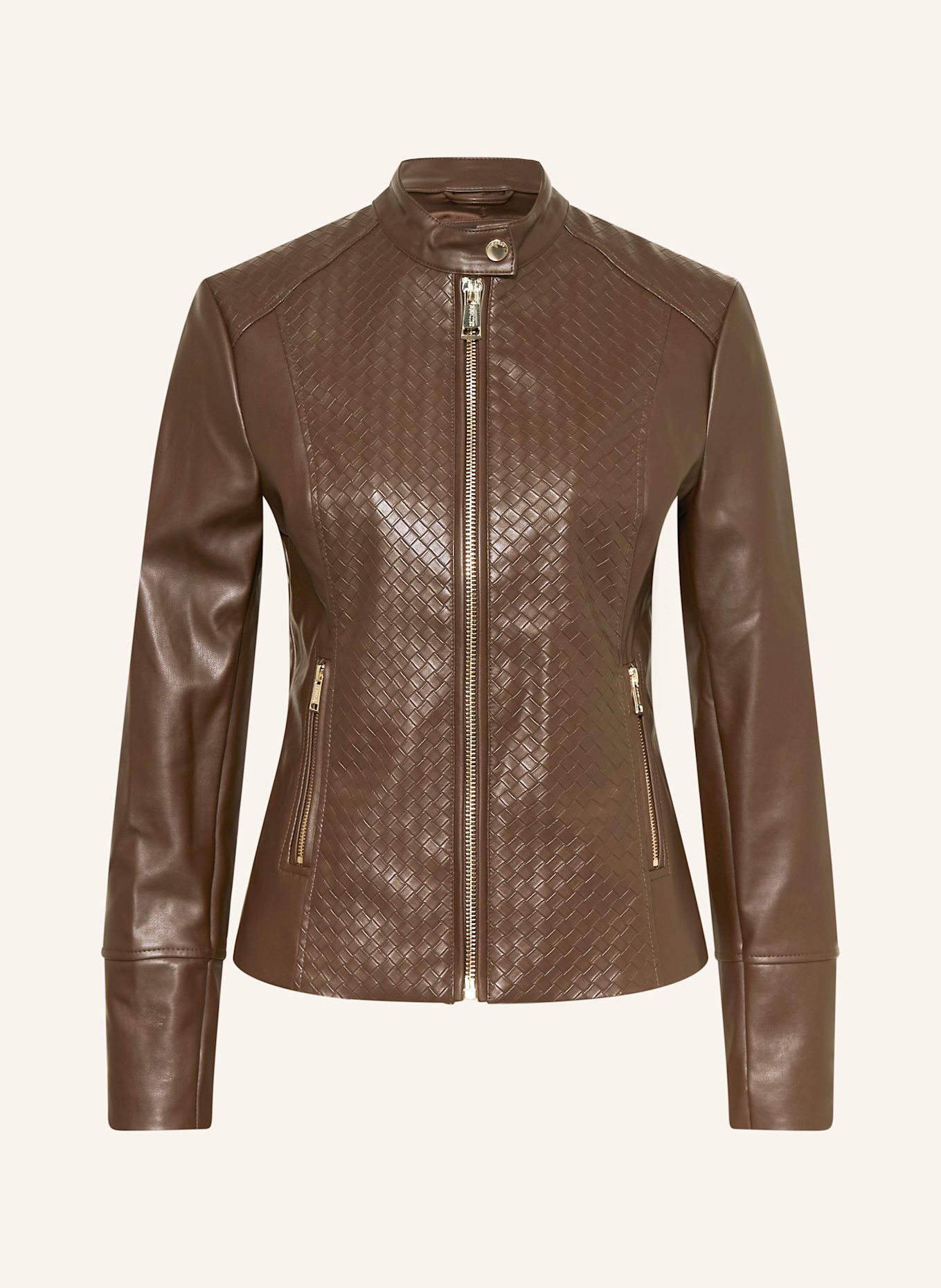 GUESS Bunda křivák CLAUDINE v koženém vzhledu: TMAVĚ HNĚDÁ