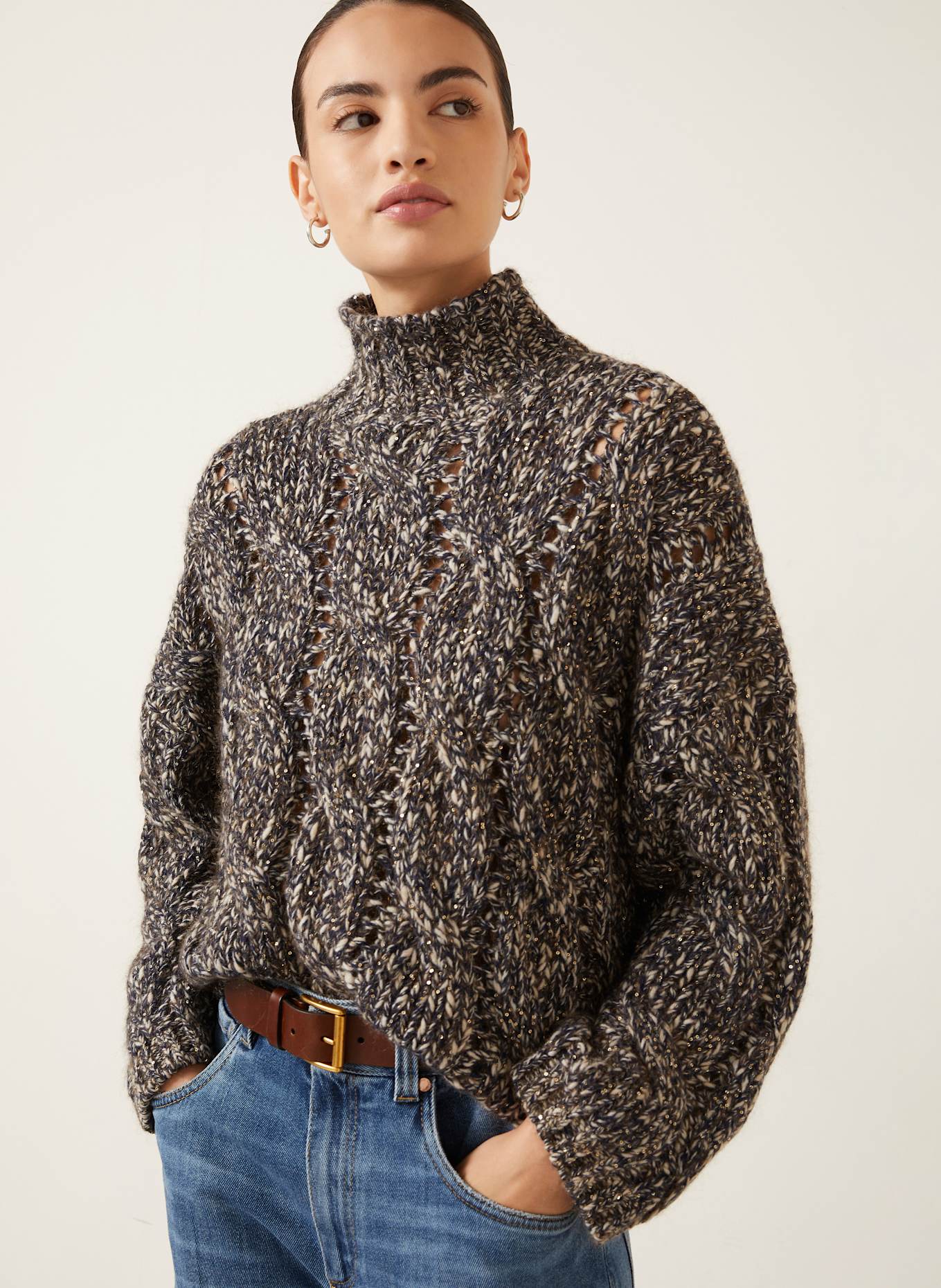 BRUNELLO CUCINELLI Rollkragenpullover mit Cashmere und Pailletten: DUNKELBLAU / CREME