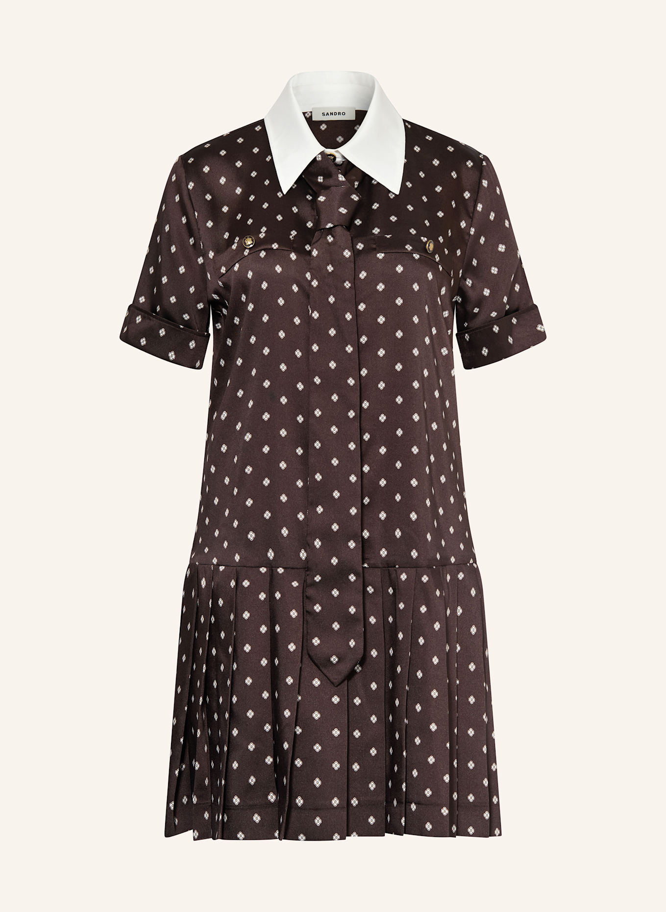 SANDRO Hemdblusenkleid aus Satin mit abnehmbarer Schluppe: BRAUN / WEISS