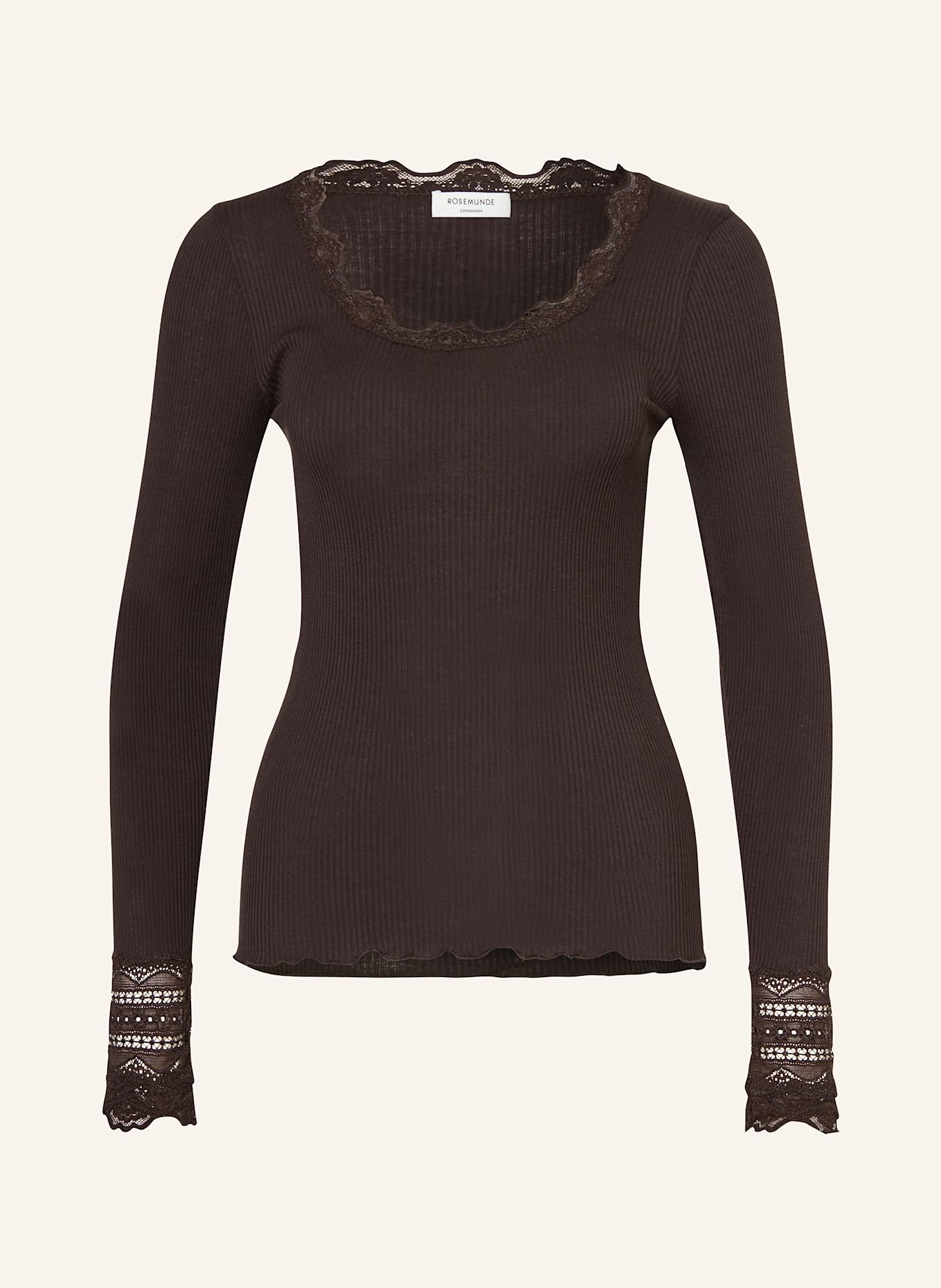 rosemunde T-shirt à manches longues BENITA en soie avec dentelle: MARRON FONCÉ