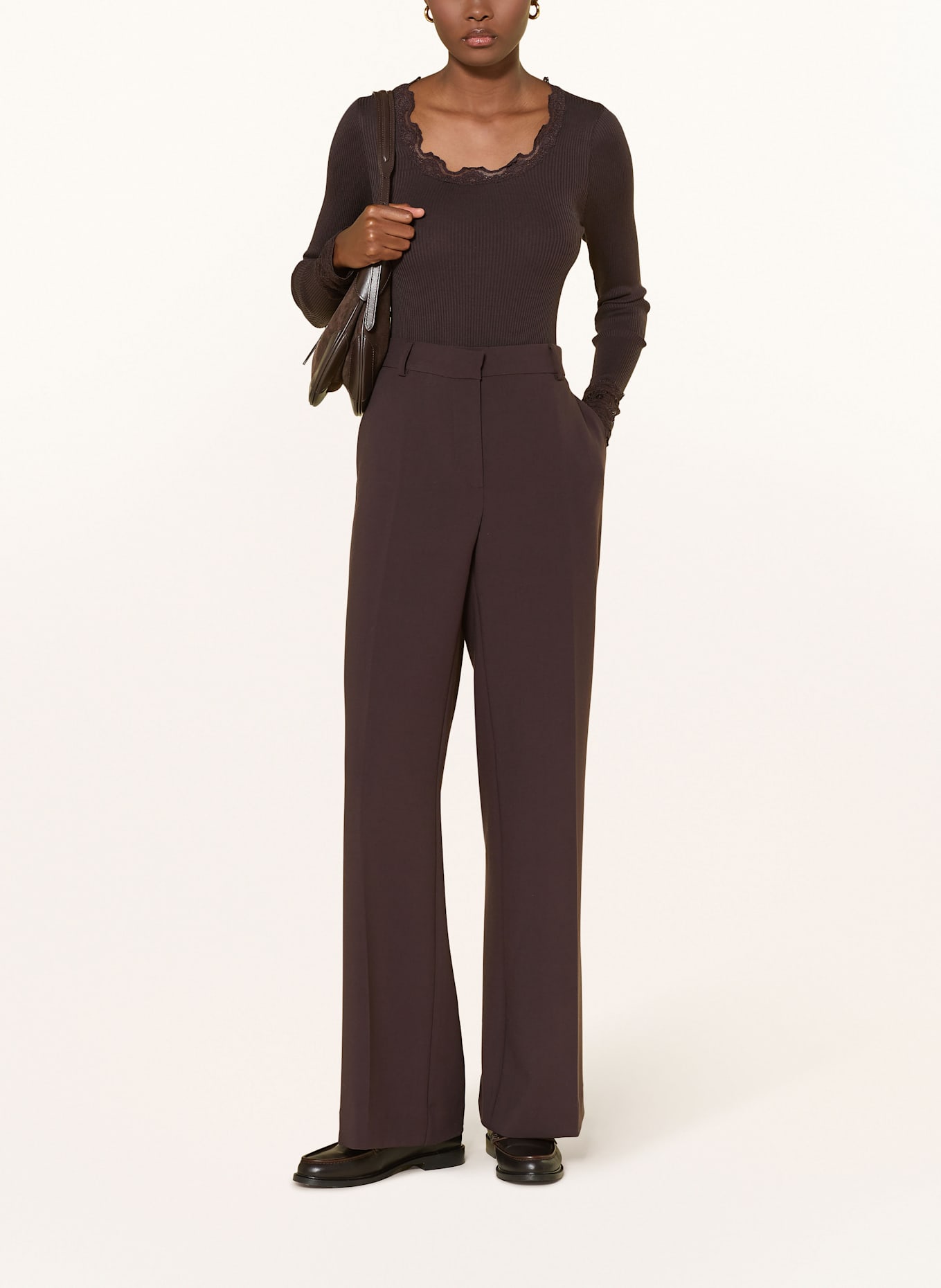 rosemunde T-shirt à manches longues BENITA en soie avec dentelle: MARRON FONCÉ