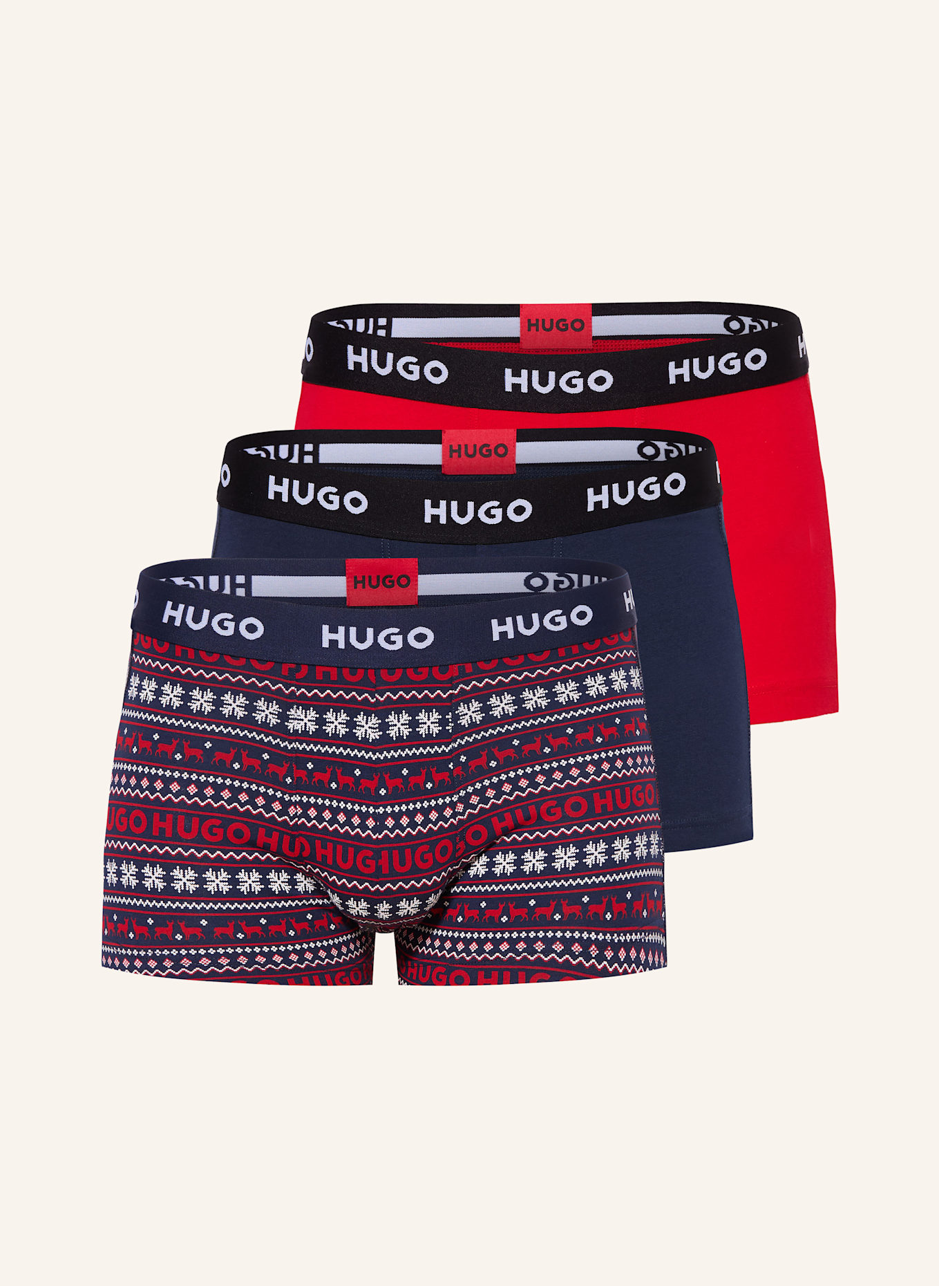 HUGO 3er-Pack Boxershorts: DUNKELBLAU / ROT / WEISS