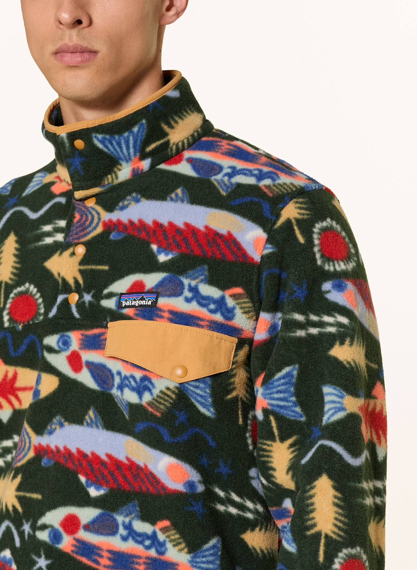 patagonia Fleecový svetr SYNCHILLA ® SNAP-T®: TMAVĚ ZELENÁ / ČERVENÁ / MODRÁ