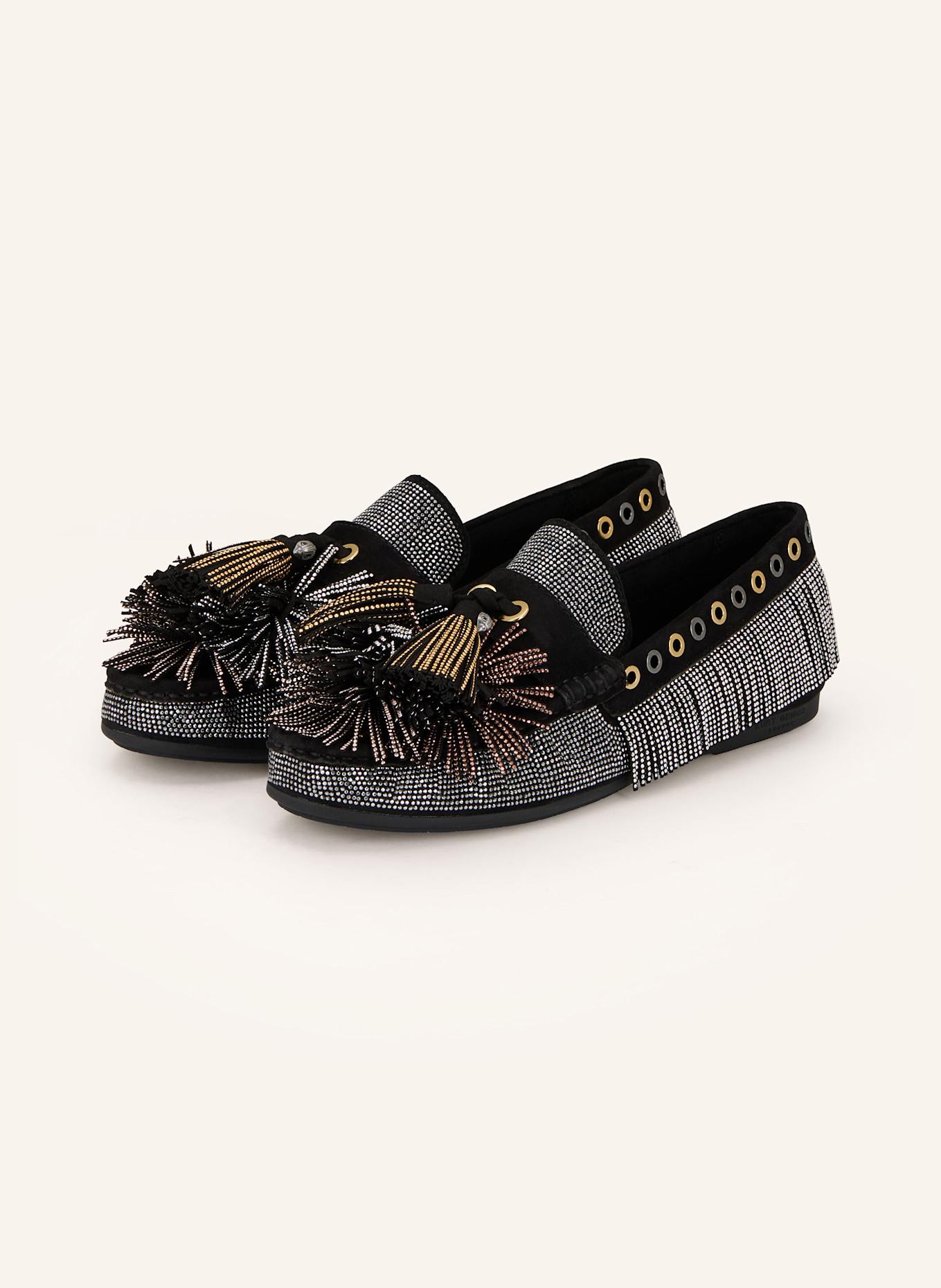 KURT GEIGER Loafer POM POM mit Schmucksteinen: SCHWARZ / WEISS / GOLD