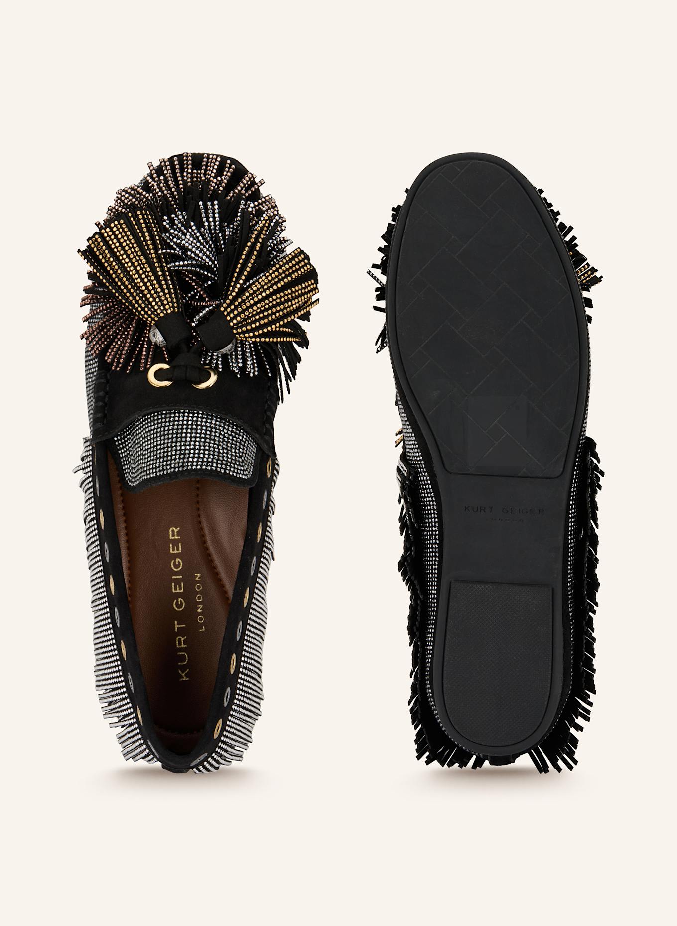 KURT GEIGER Loafer POM POM mit Schmucksteinen: SCHWARZ / WEISS / GOLD