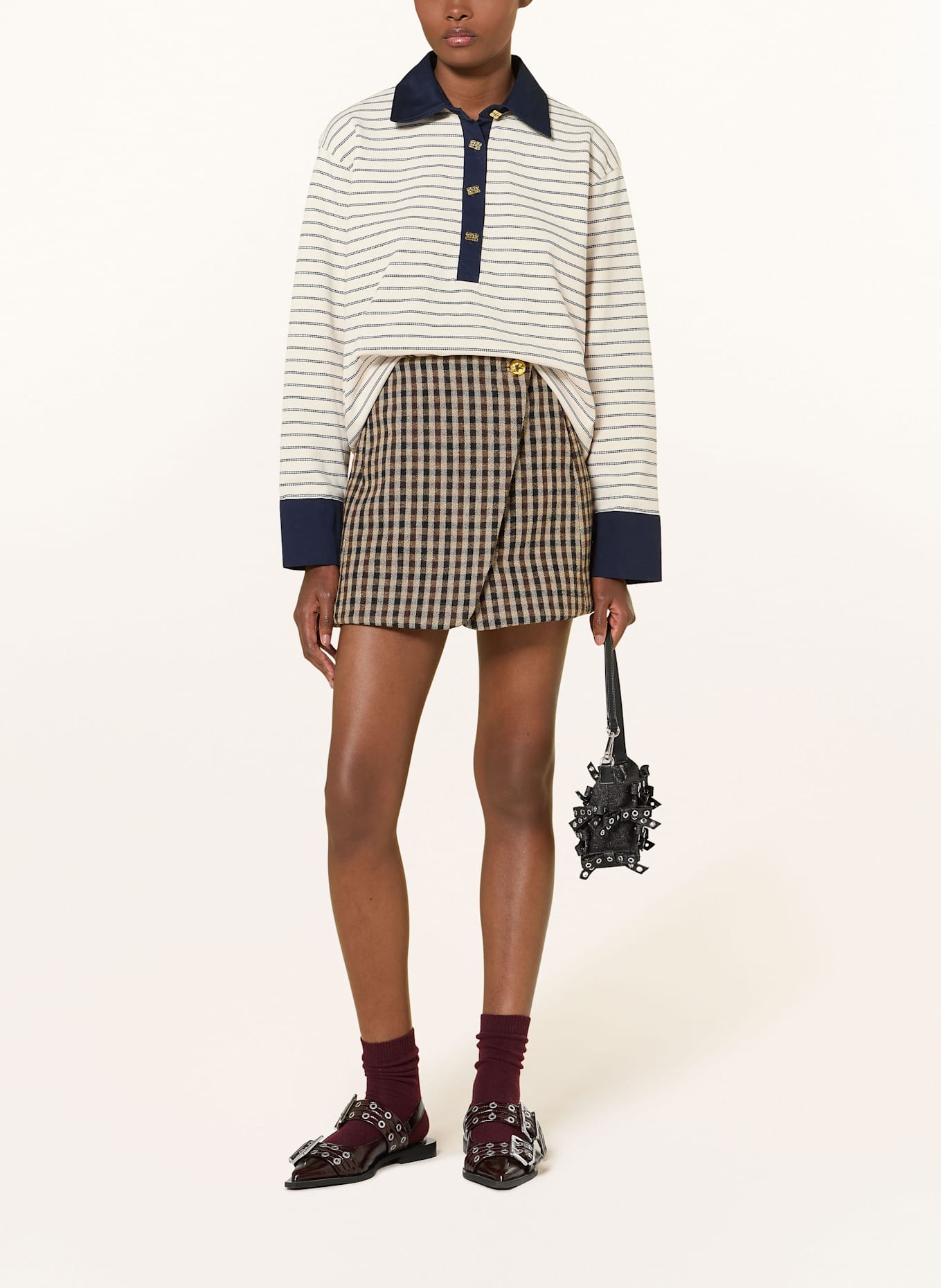 GANNI Piqué-Poloshirt: CREME / DUNKELBLAU