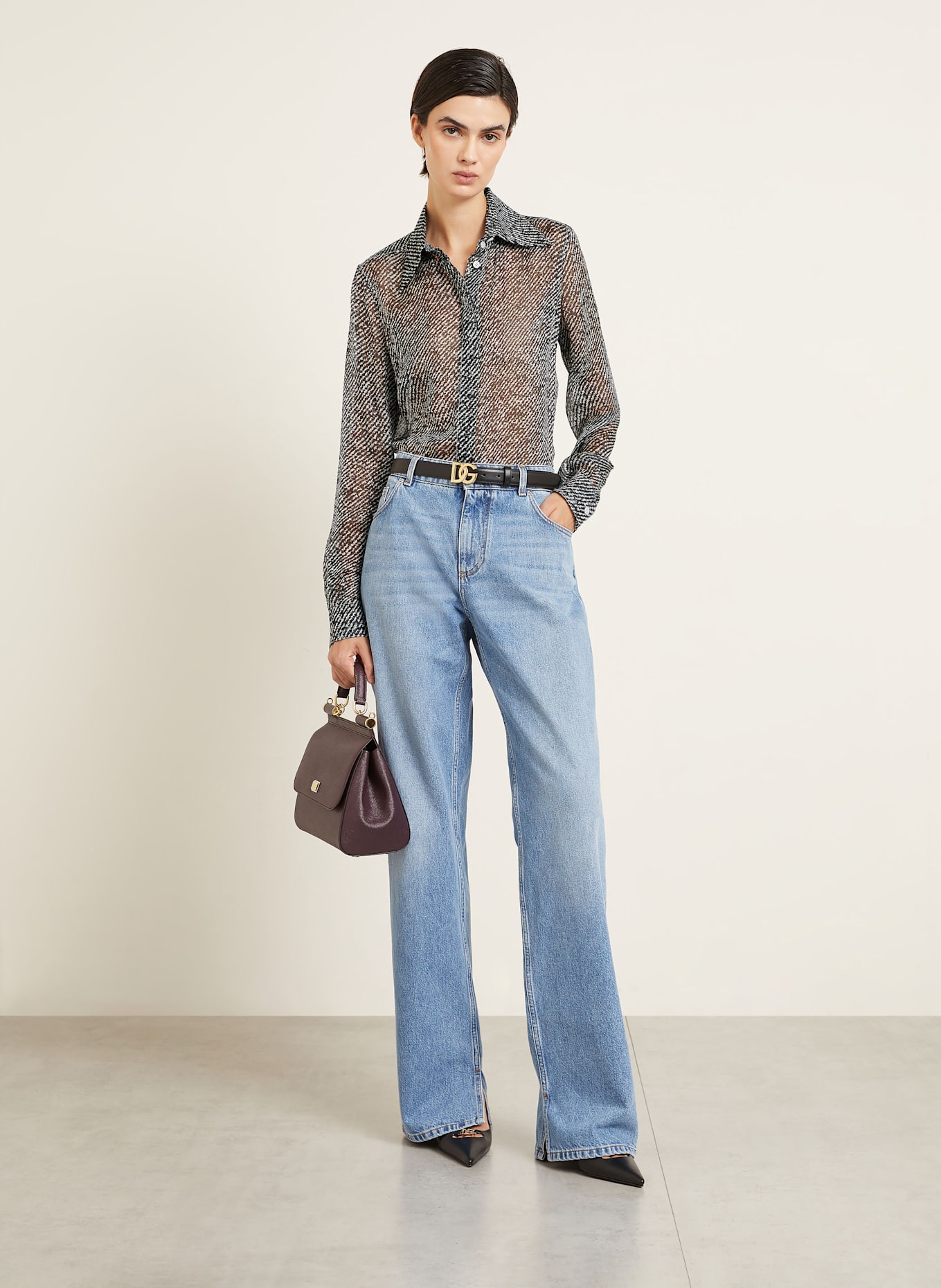 DOLCE & GABBANA Hemdbluse aus Seide: SCHWARZ / HELLGRAU