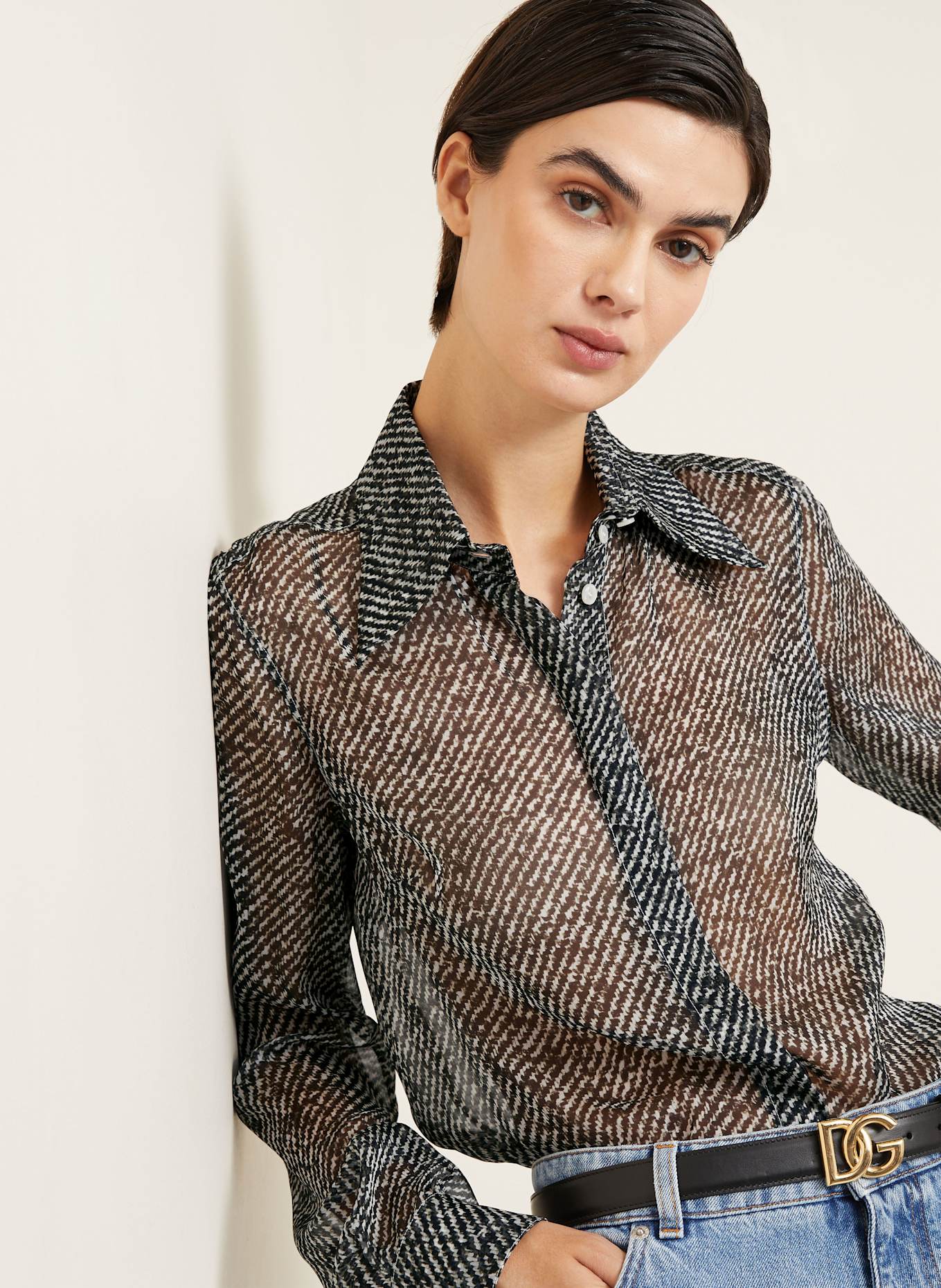 DOLCE & GABBANA Hemdbluse aus Seide: SCHWARZ / HELLGRAU